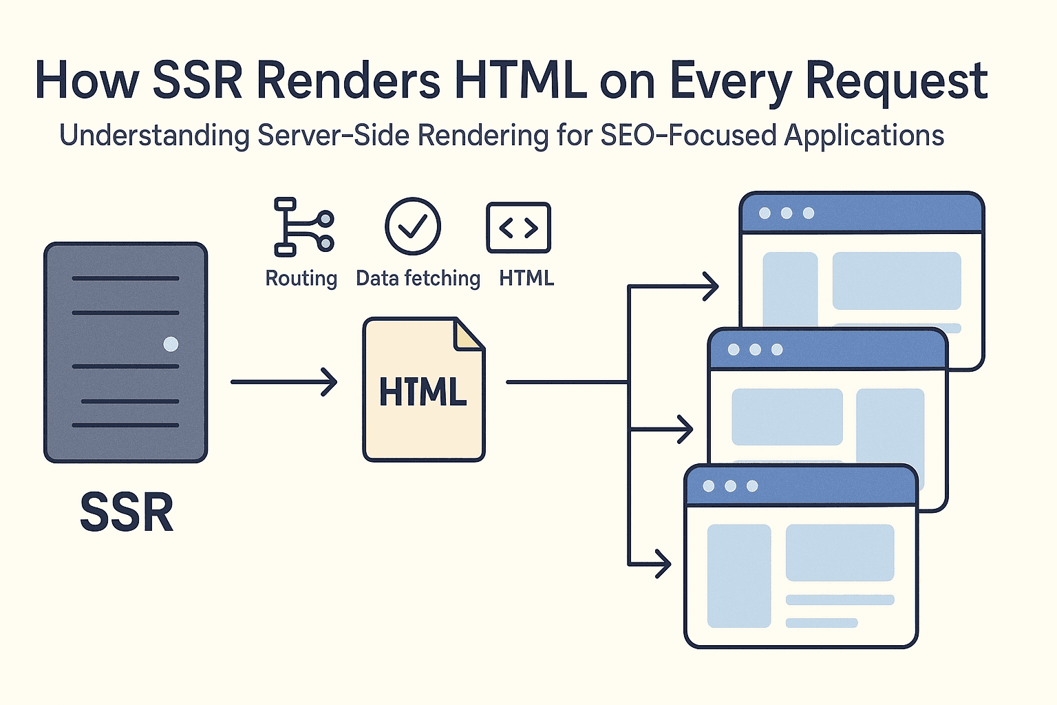 Diagram of server-side rendering showing a server generating HTML on every request with routing, data fetching, and browser output.