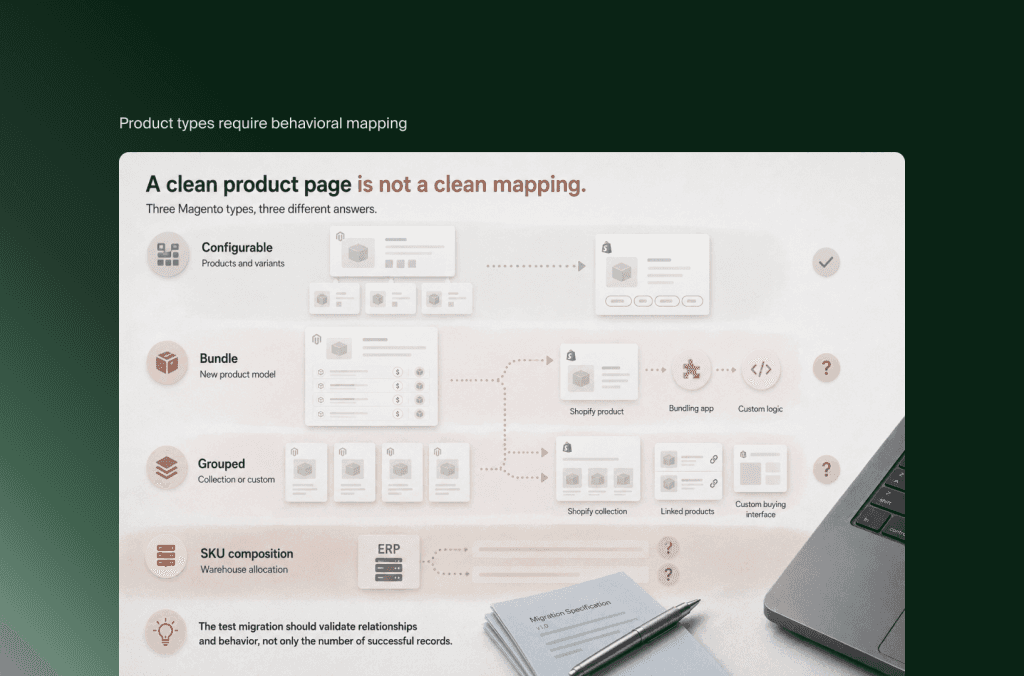 Magento-Produkttypen Configurable, Bundle und Grouped sowie SKU-Zusammensetzung auf Shopify-Produktmodelle abgebildet