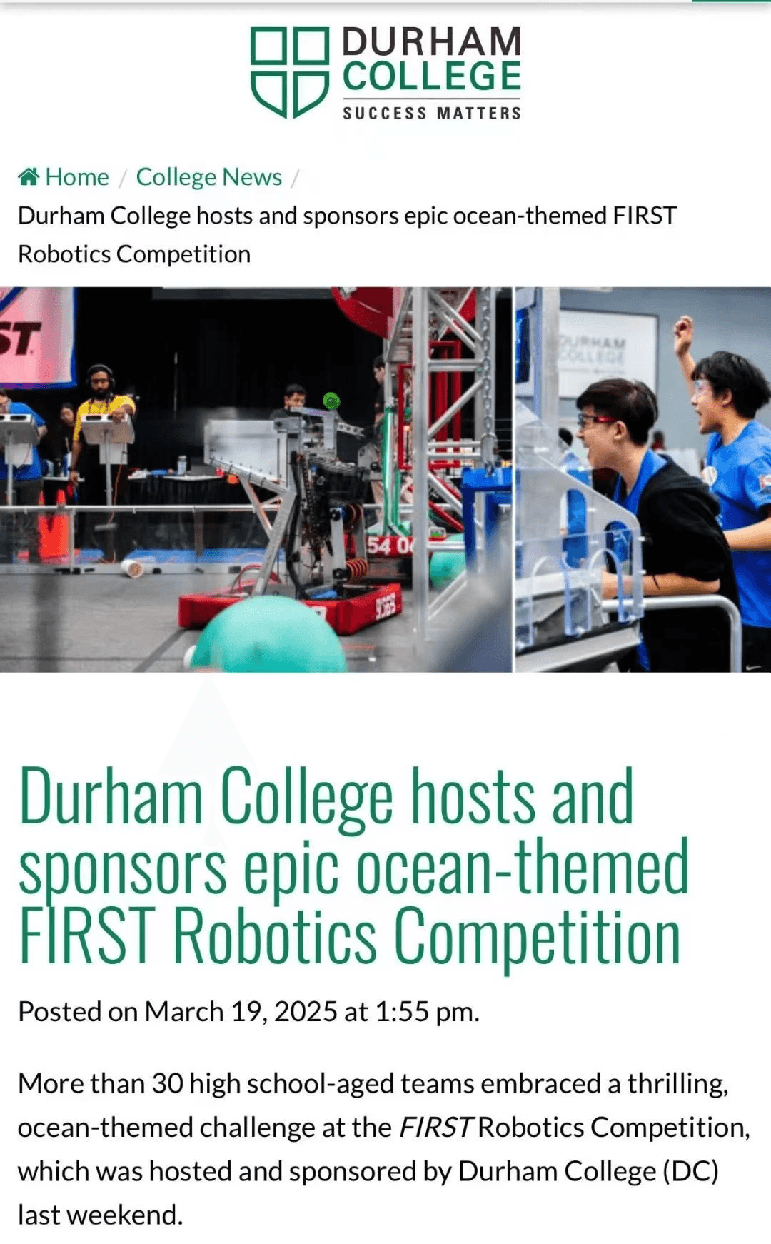 FRC 10015 Bubbles driver Ryan Zhang is featured on Durham College news for the 2026 Durham FRC Event