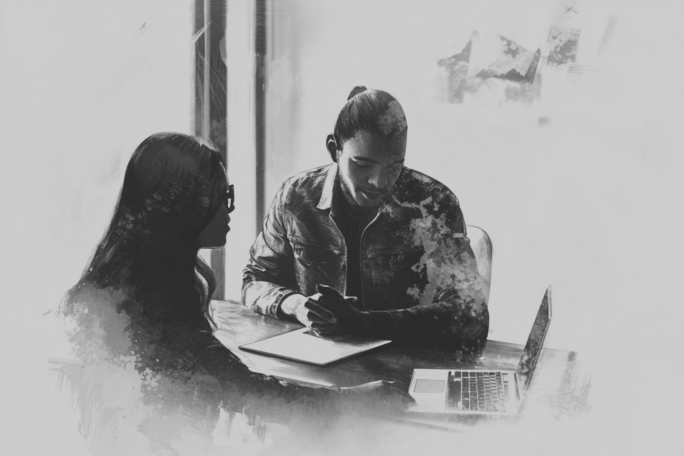 Pencil sketch of people looking at a laptop together