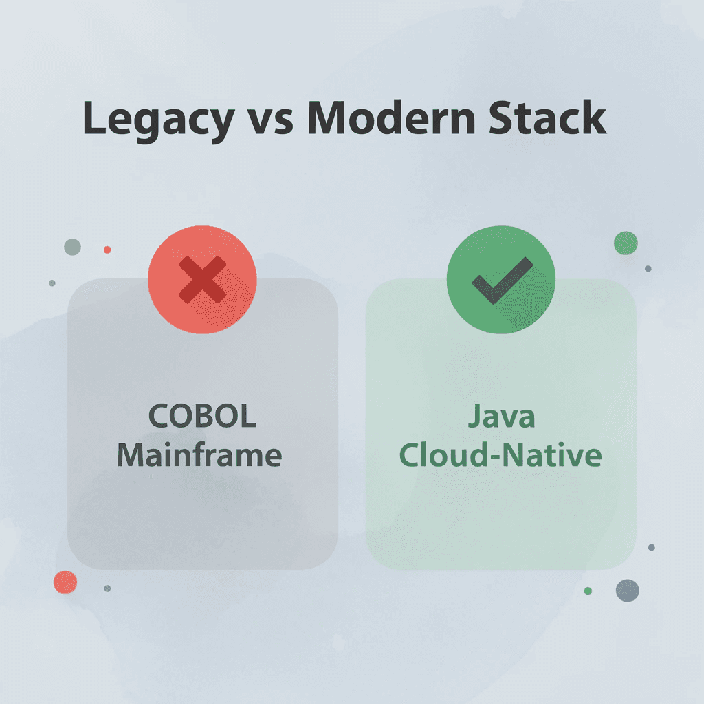 Before and after infographic comparing COBOL mainframe systems to Java cloud-native architecture