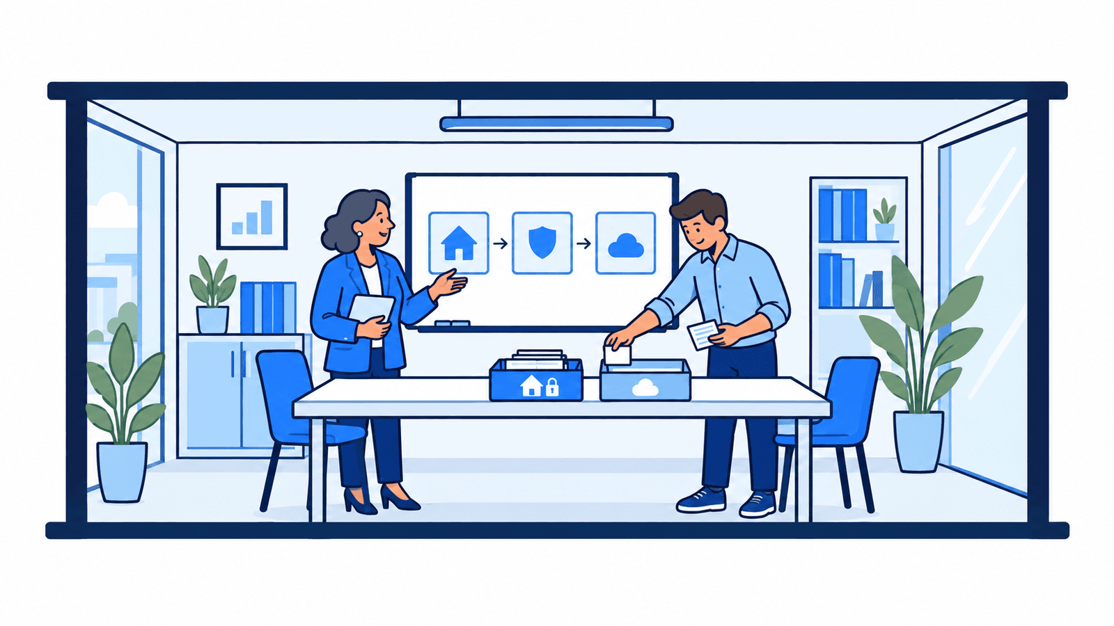 Illustration: Eine IT-Leiterin und ein Architekt sortieren an einem Whiteboard Karten in zwei Ablagen, eine für das eigene Rechenzentrum, eine für die Cloud