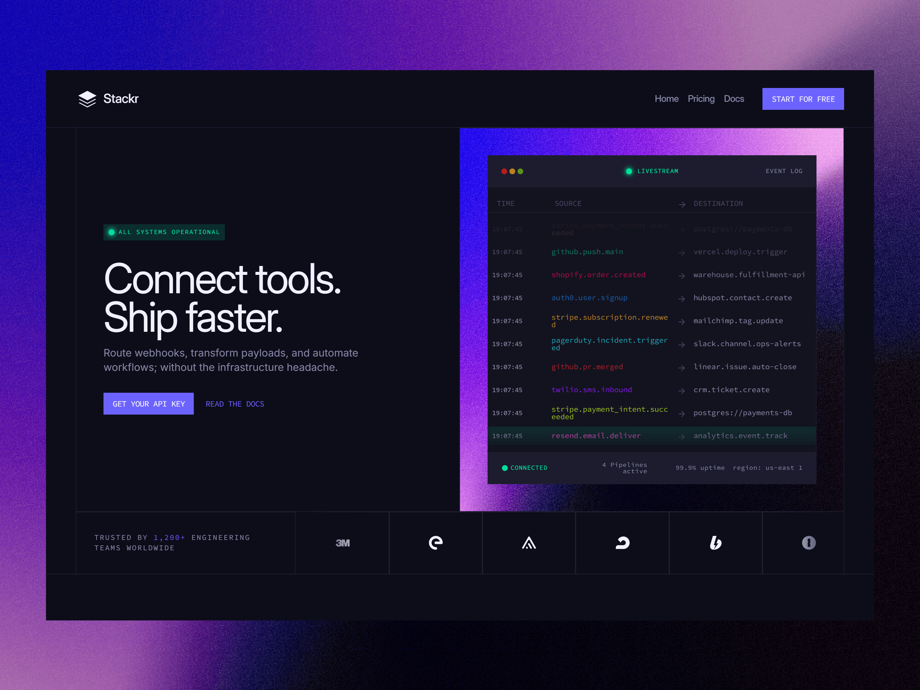 Stackr landing page — dark-themed developer tool site for a webhooks and data pipeline API, built in Framer