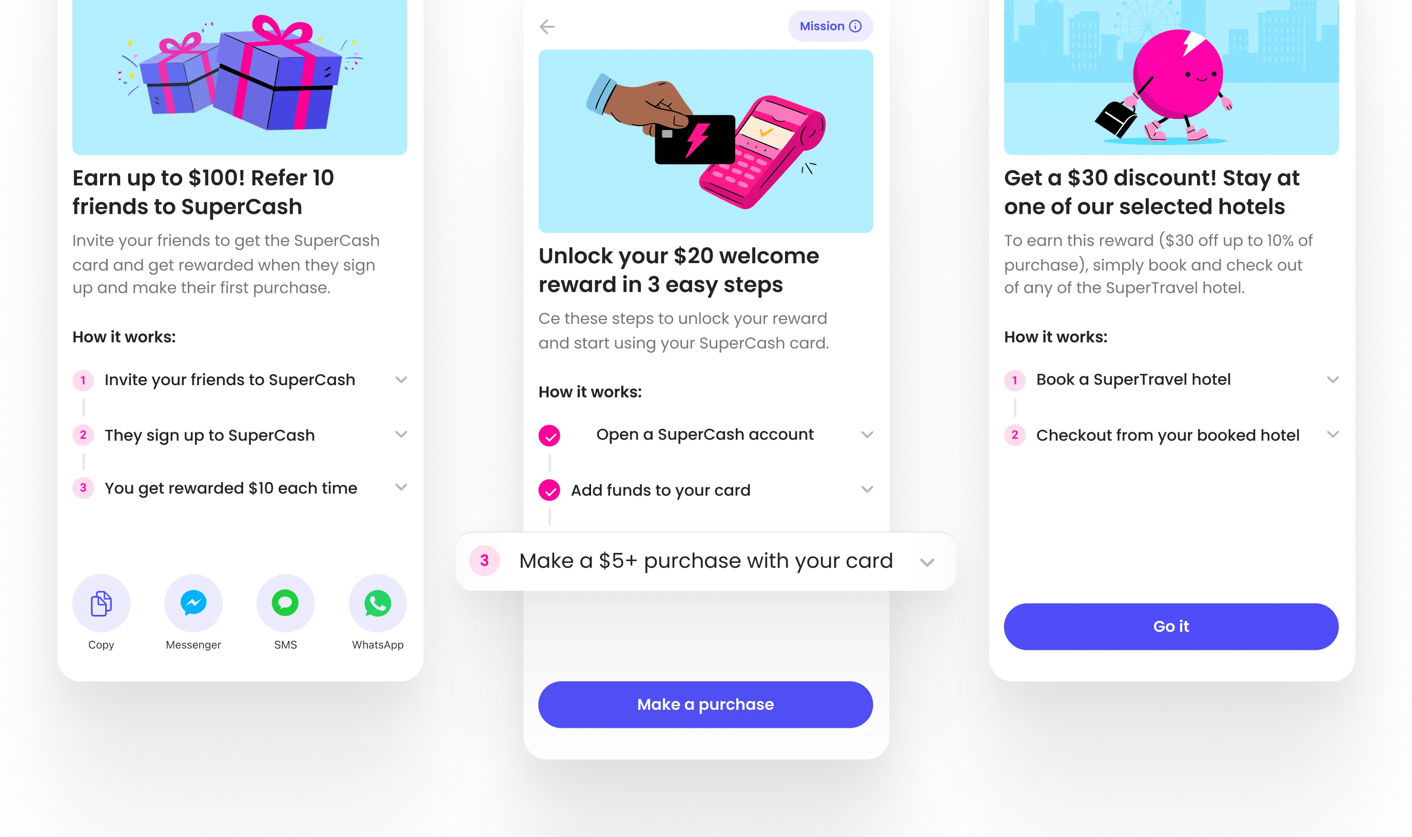 UI mockup of Super.com’s Missions showing three task-based rewards — refer friends, make purchases, and book hotels — illustrating the scalable design of the new mission-based rewards system.