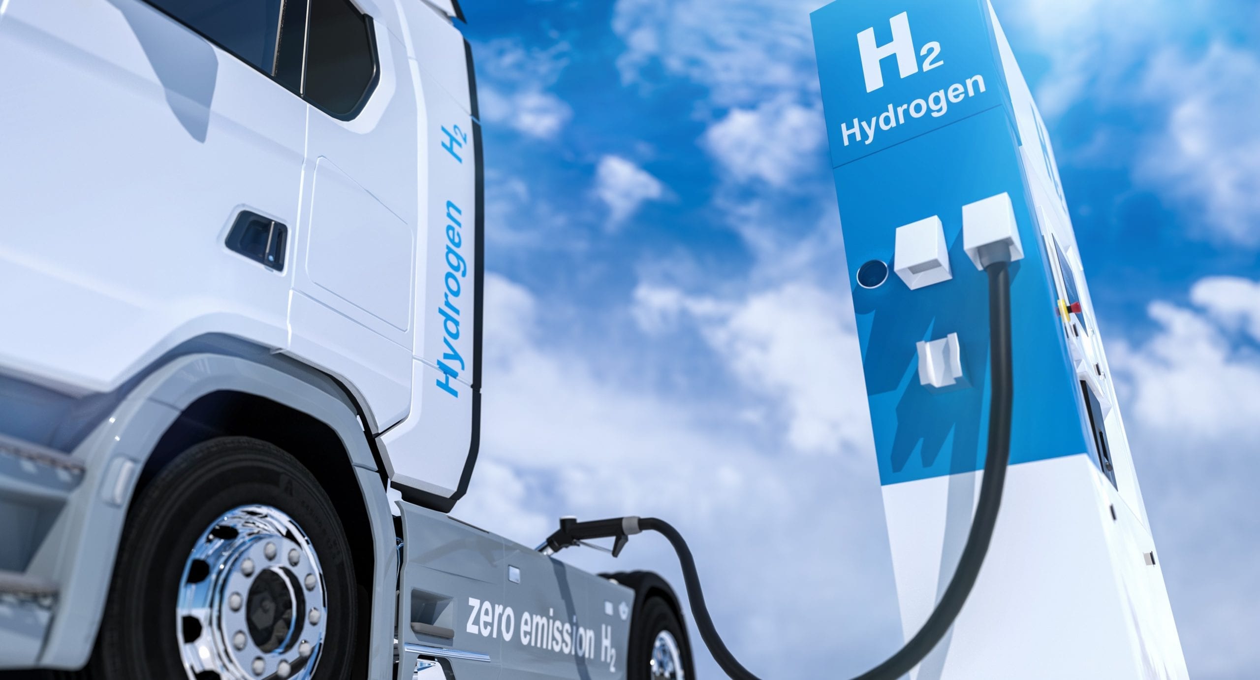 Hydrogen-powered truck driving on a highway in Austria, promoting eco-friendly heavy-duty transport.