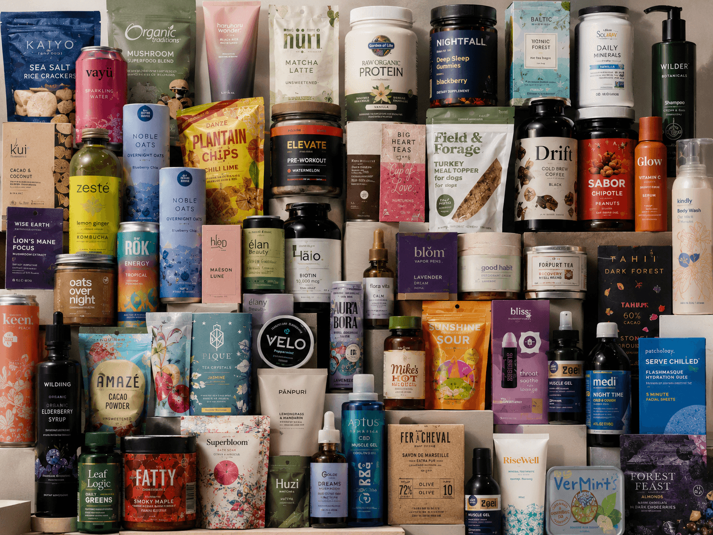 Shelf packed with supplement and functional wellness products