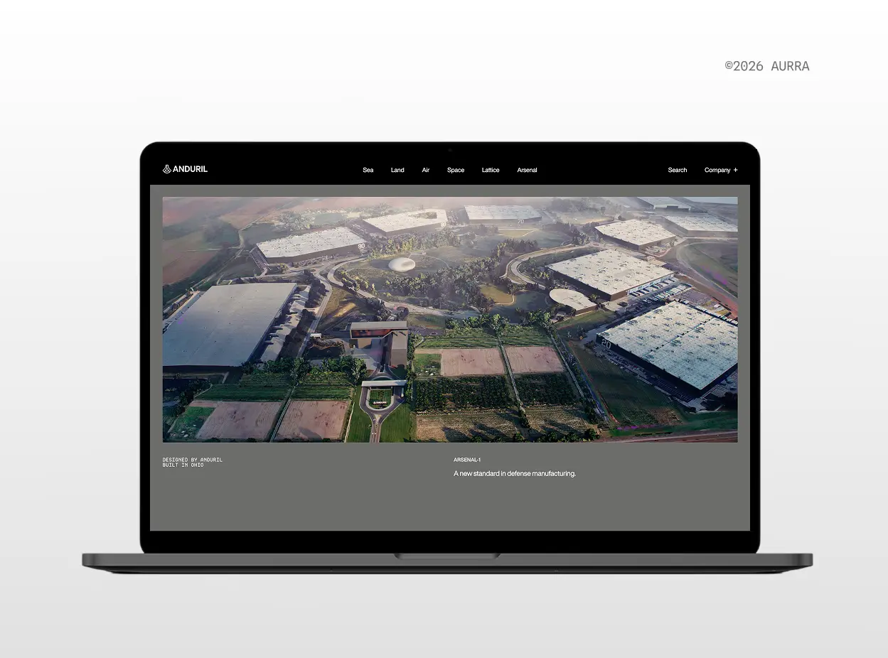 Anduril homepage using a black and grey monochrome palette, letting aerial photography carry the identity instead of color