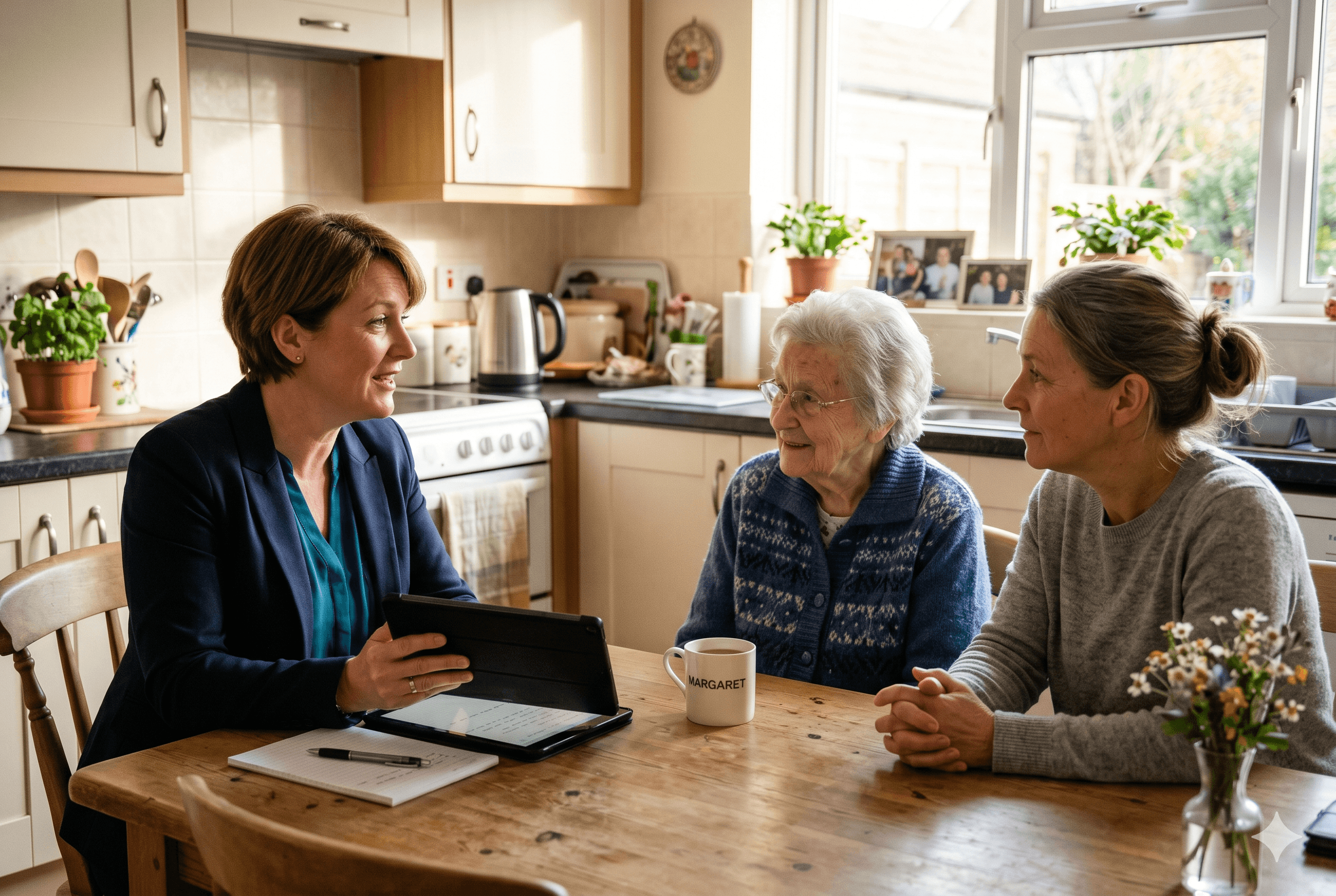 A home care agency owner seated at a kitchen table across from an elderly woman and her adult daughter during an in-home assessment, the owner holding a tablet and speaking warmly while the family listens.