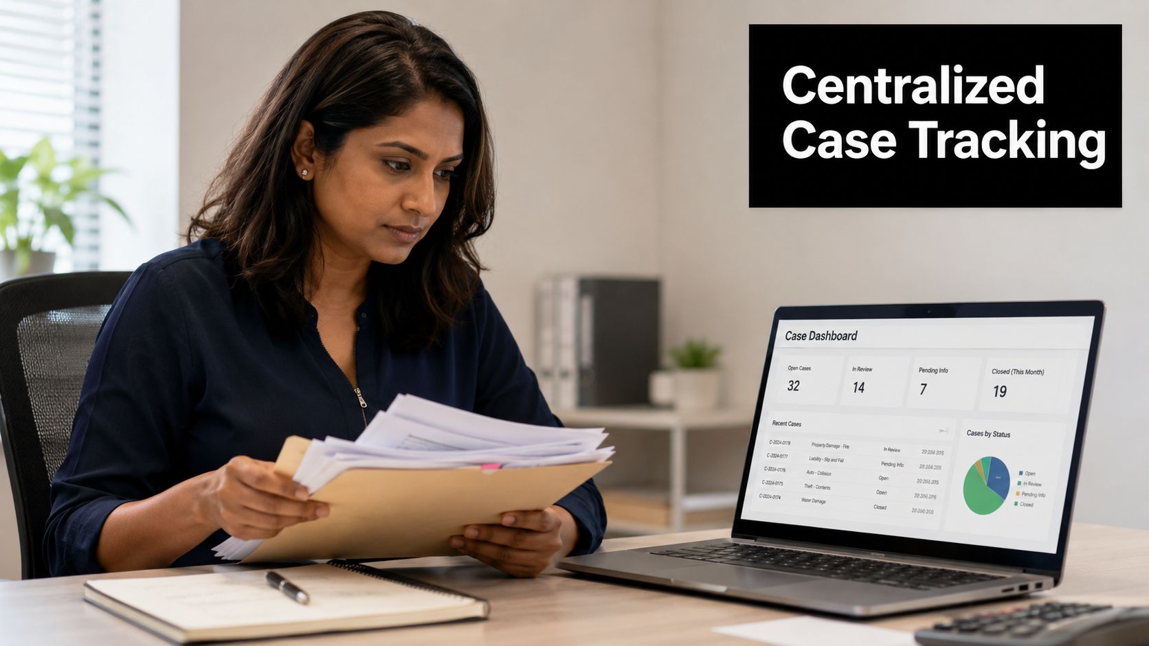 A professional woman reviewing documents while looking at a case management dashboard on her laptop.