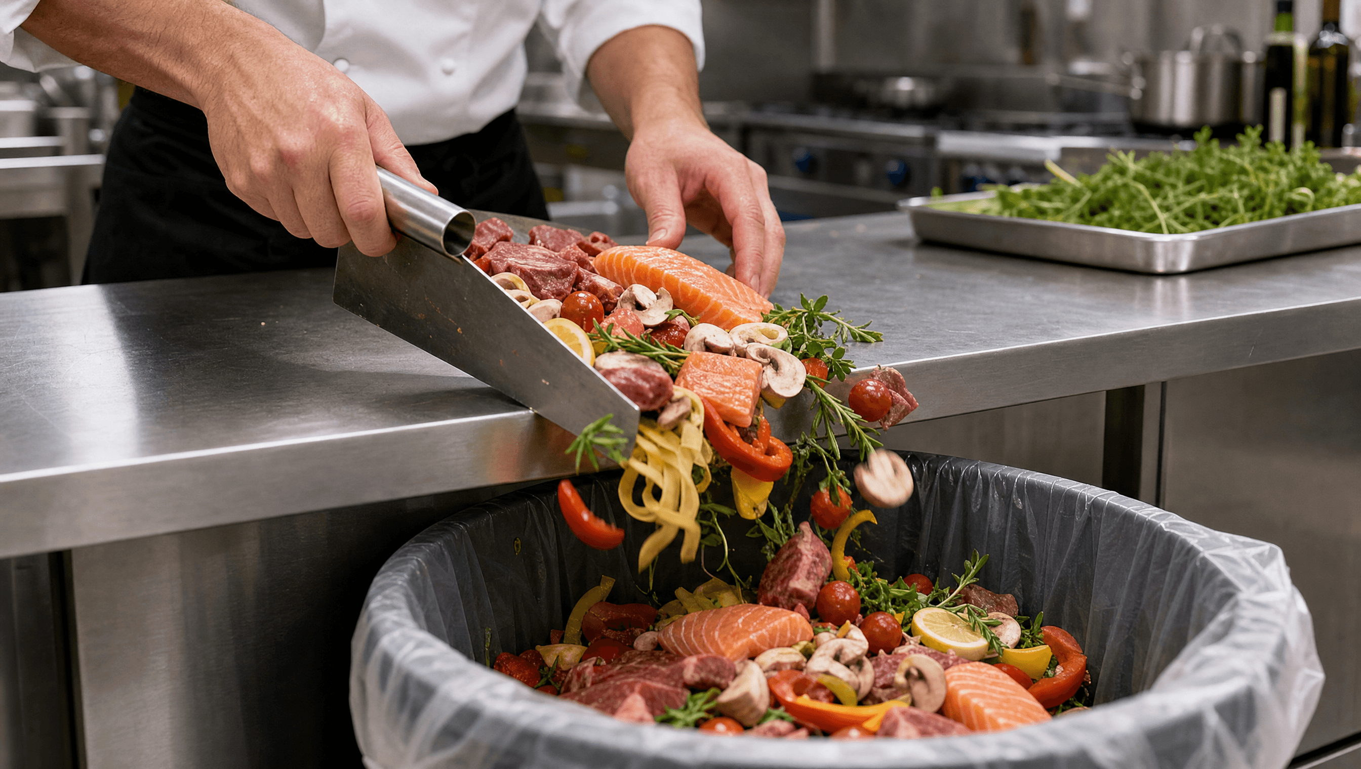 Chef scraping salmon, meat, vegetables, and pasta off a prep counter into a bin using a bench scraper