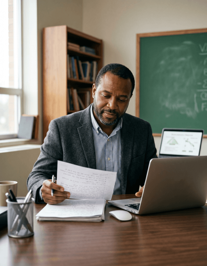 Teacher reviewing printed notes alongside an open laptop at a classroom desk
