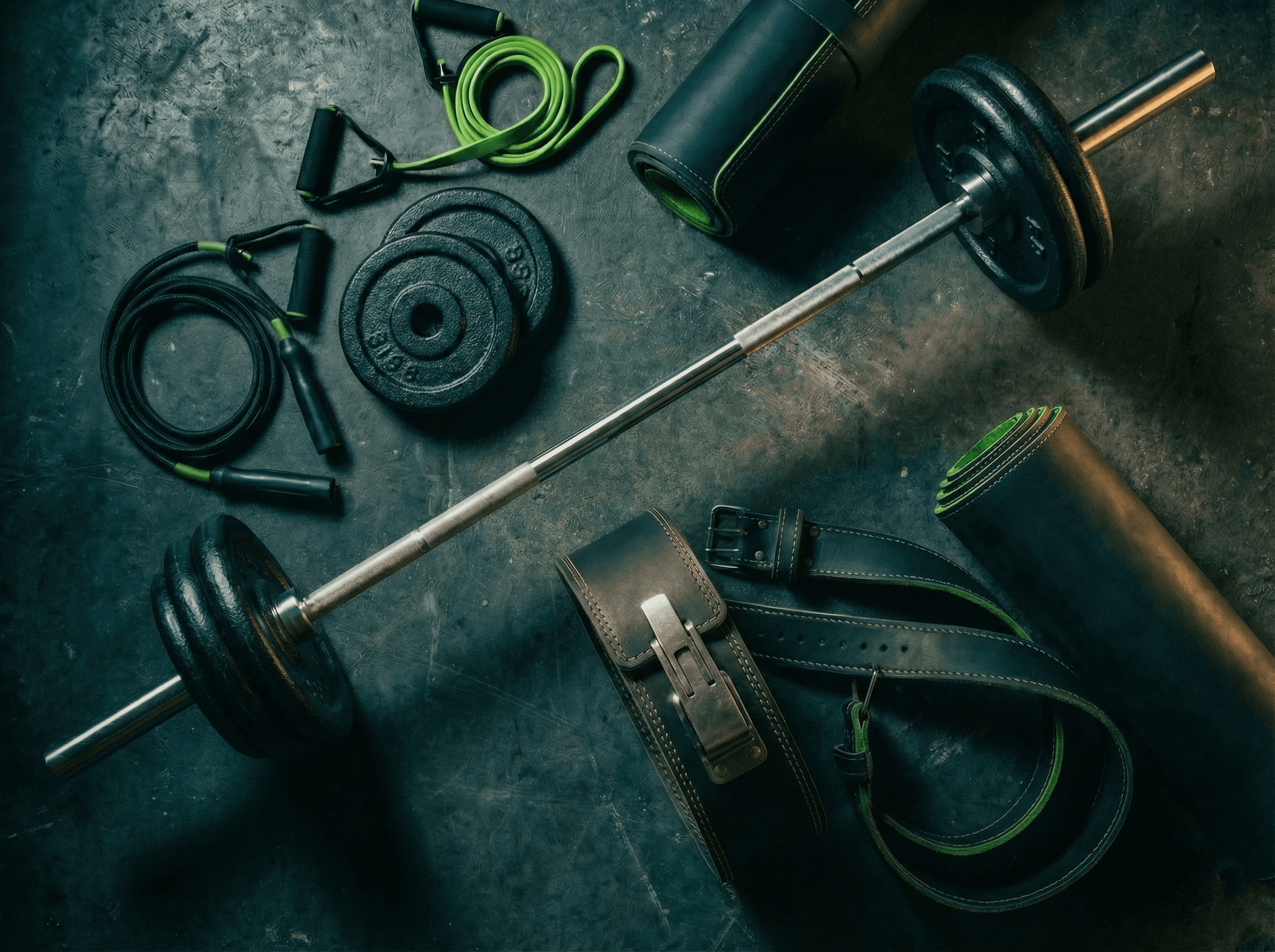 A selection of weightlifting equipment including plates, a barbell, and resistance bands on a dark surface.