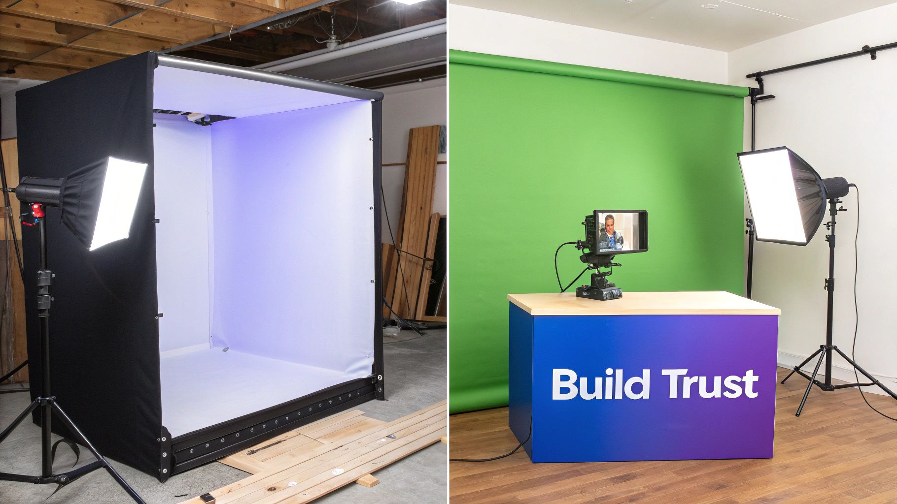 A white light box for product photography showing a camera and a small product inside.