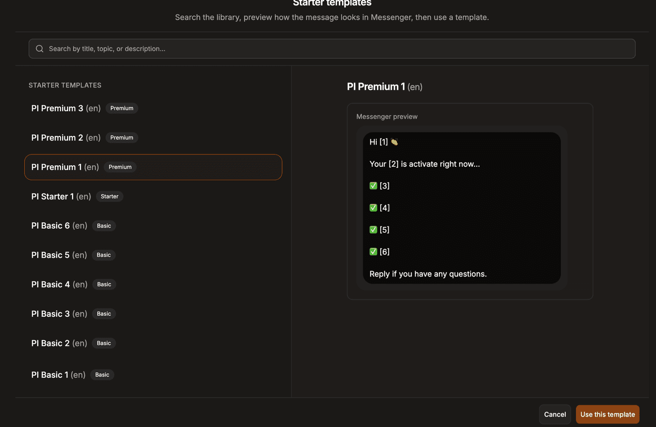 Starter template library with a list of templates on the left and a Messenger preview of the selected template on the right.