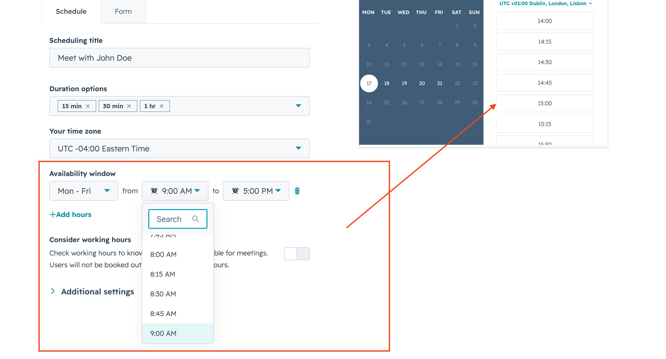 HubSpot Meeting Scheduler availability settings page