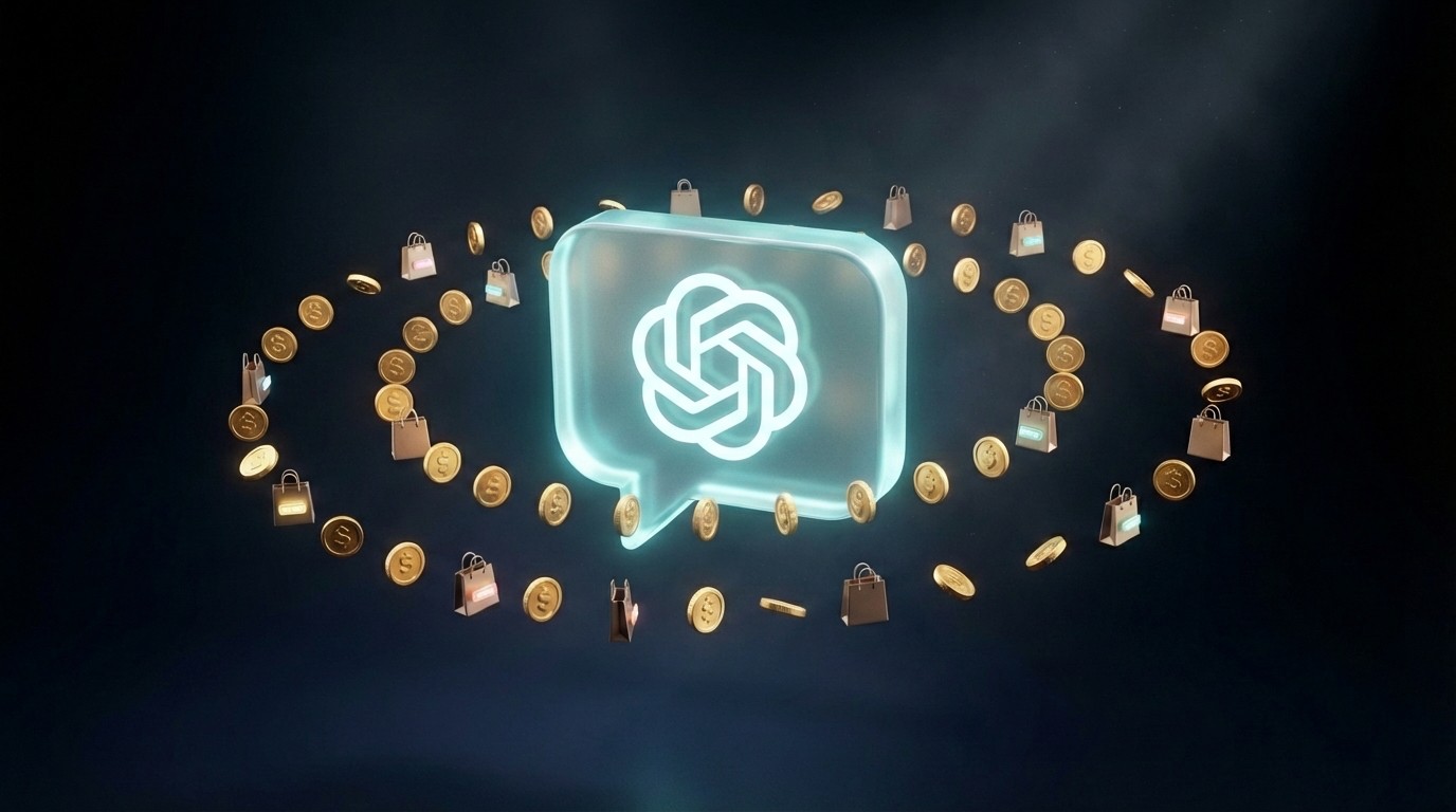 OpenAI's ChatGPT logo displayed as a glowing white knot symbol inside a teal speech bubble, surrounded by orbiting golden coins with dollar signs and miniature shopping bags against a dark background, representing AI-powered commerce or monetization.