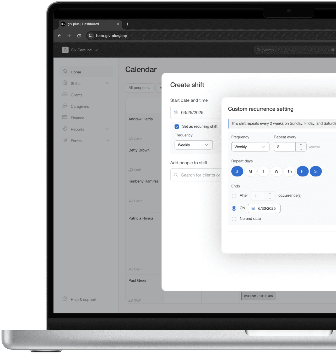 Creating a recurring shift on a computer.