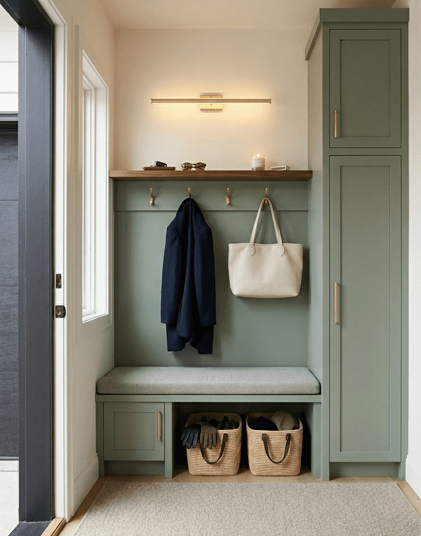 A compact mudroom featuring muted sage-green built-ins, a walnut shelf, and a horizontal brushed-brass linear sconce light. A cream structured tote bag and a tailored navy coat hang on minimal brass hooks above a cushioned bench with woven storage baskets.