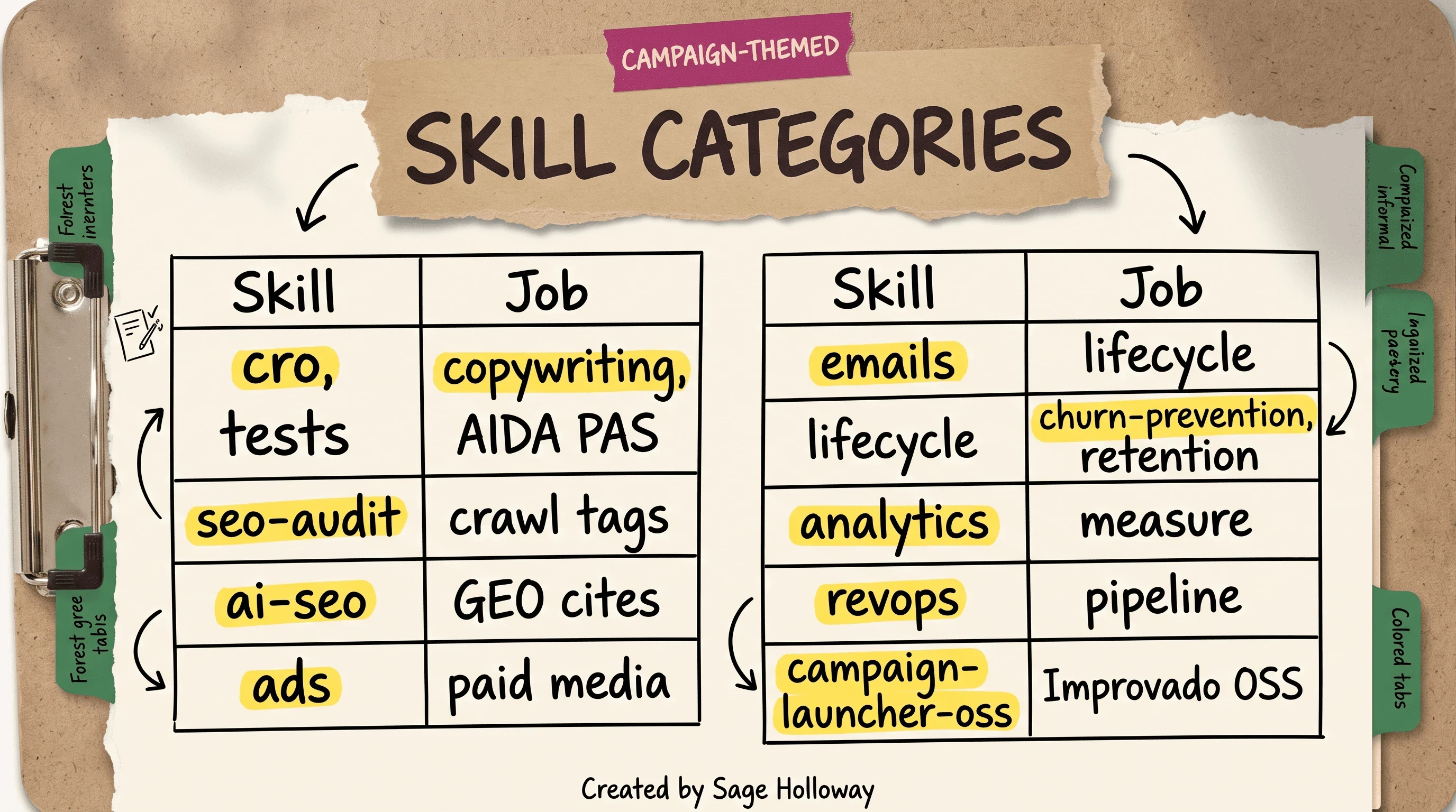 Table of Claude Code marketing skills by category including cro copywriting seo-audit ads emails and revops