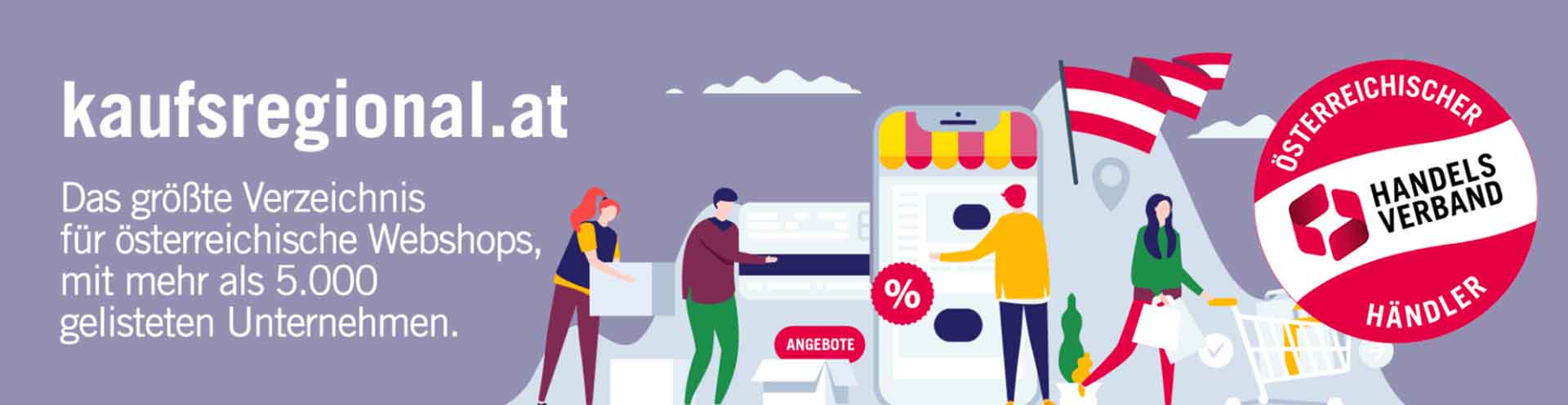 Digitaler Banner der kaufsregional.at Kampagne des österreichischen Handelverbands mit Illustrationen und Gütesiegel. Entwicklung visueller Kommunikationsmittel zur Stärkung regionaler Handelsstrukturen und digitaler Sichtbarkeit