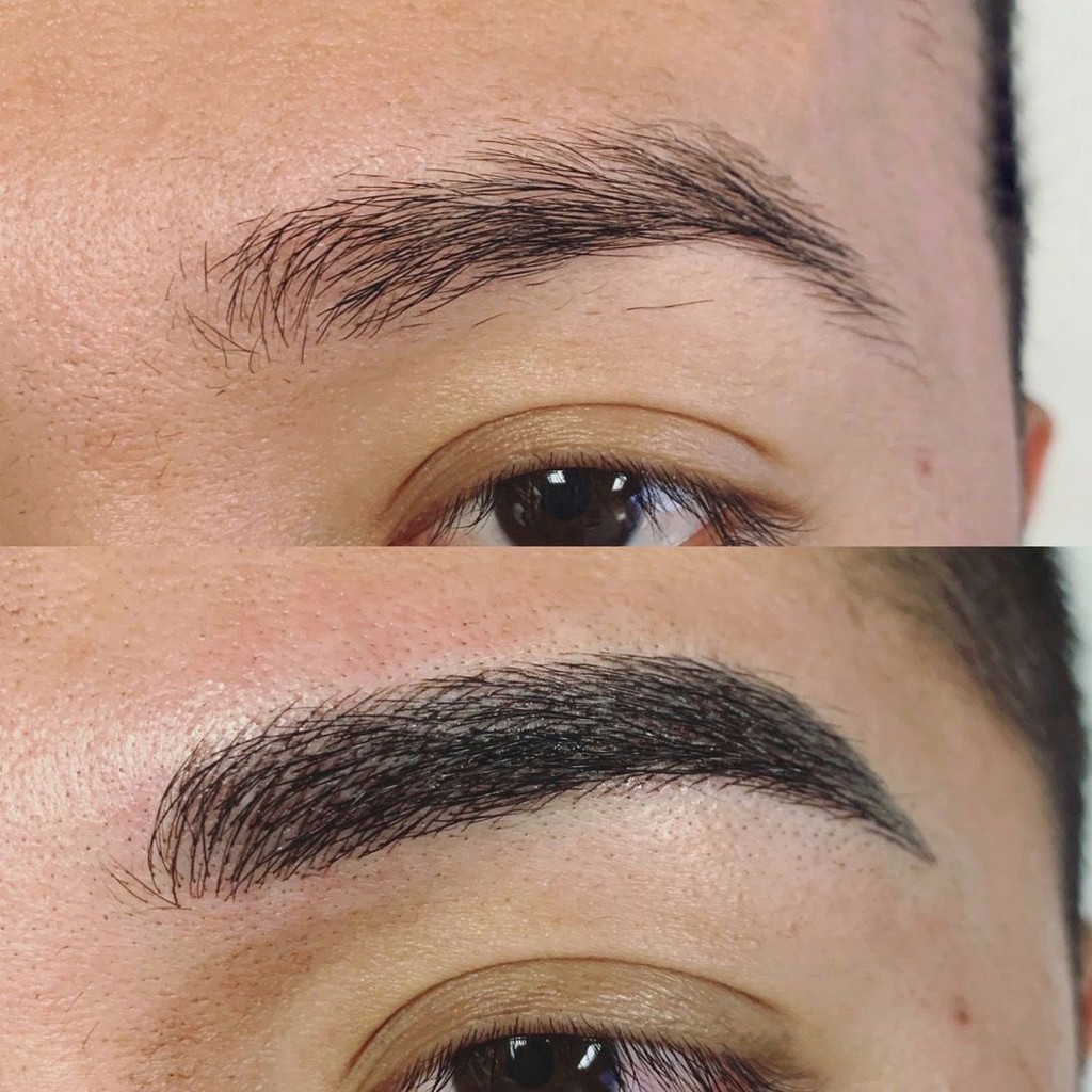 Crop view of male eyebrows, before and after the procedure