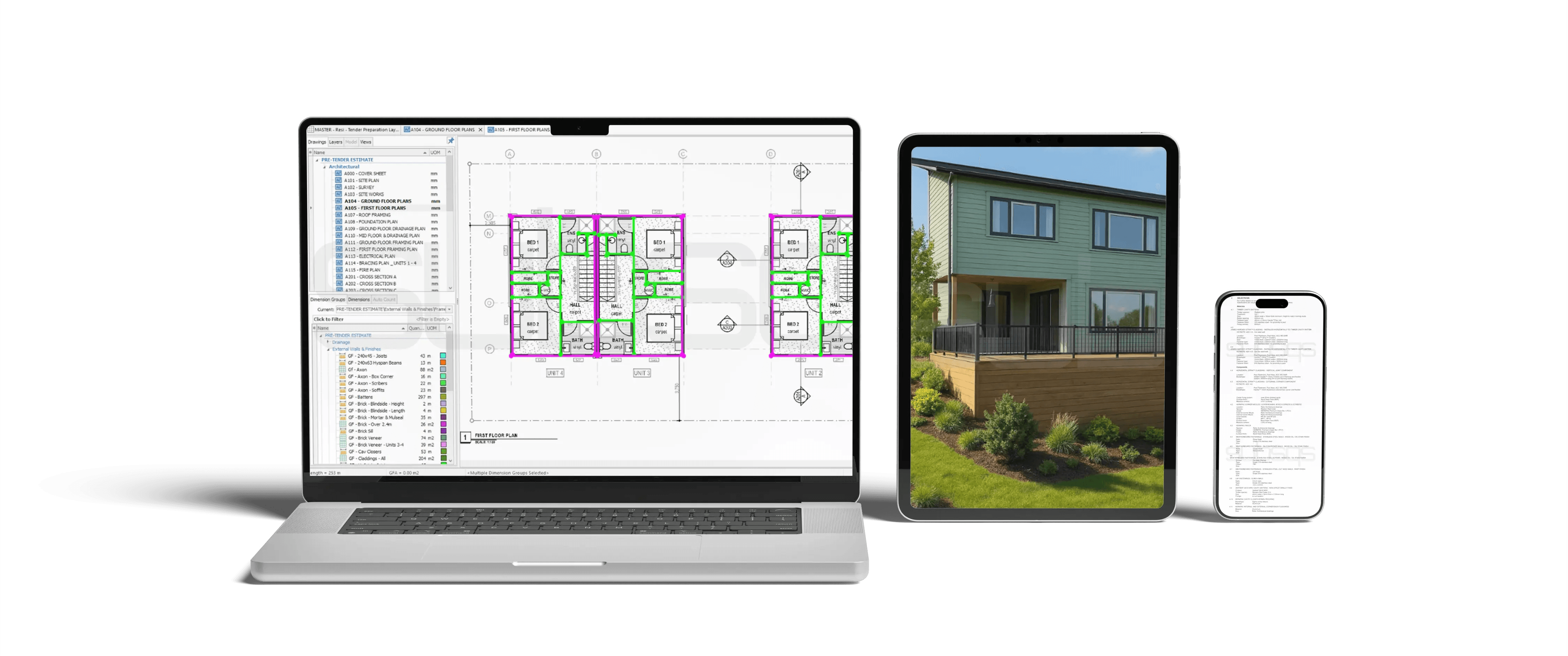 WebP Image shows 3 technology devices with documents for construction cost estimation by SubsQS Ltd