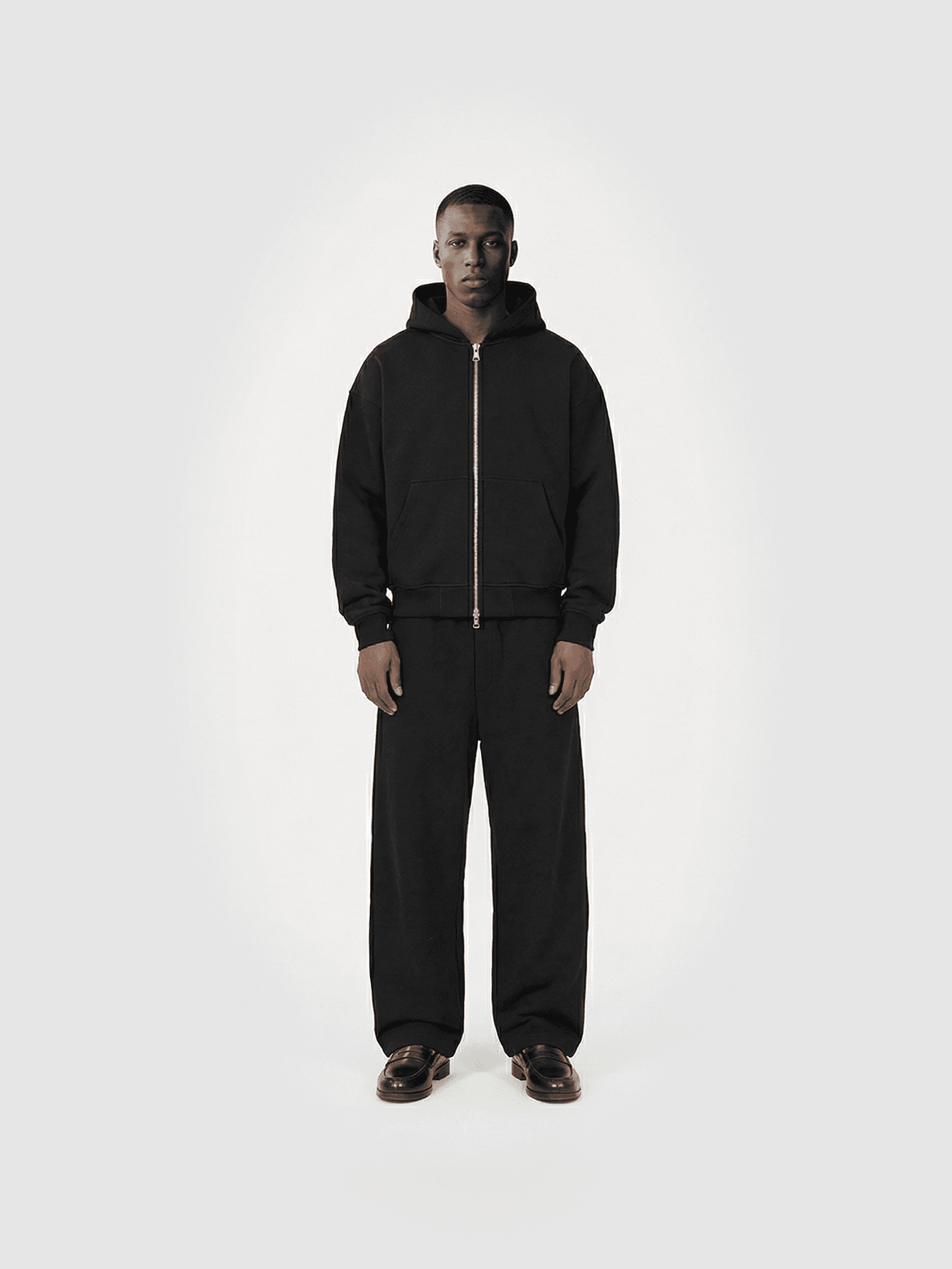 Heavyweight classic crew T-shirt in black — front view on model.