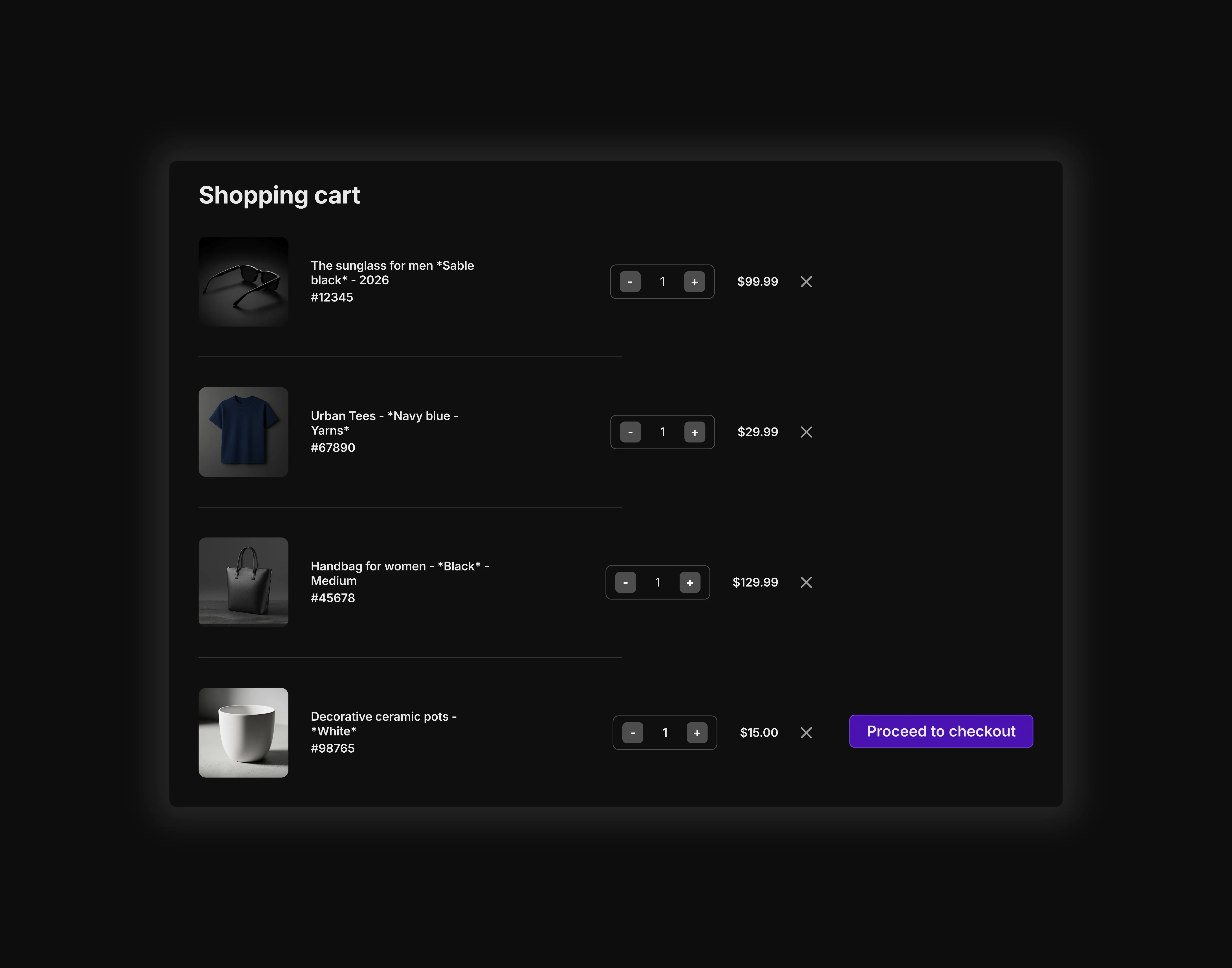 A dark themed shopping cart with a few listed items in the cart, the UI optimized for desktop device