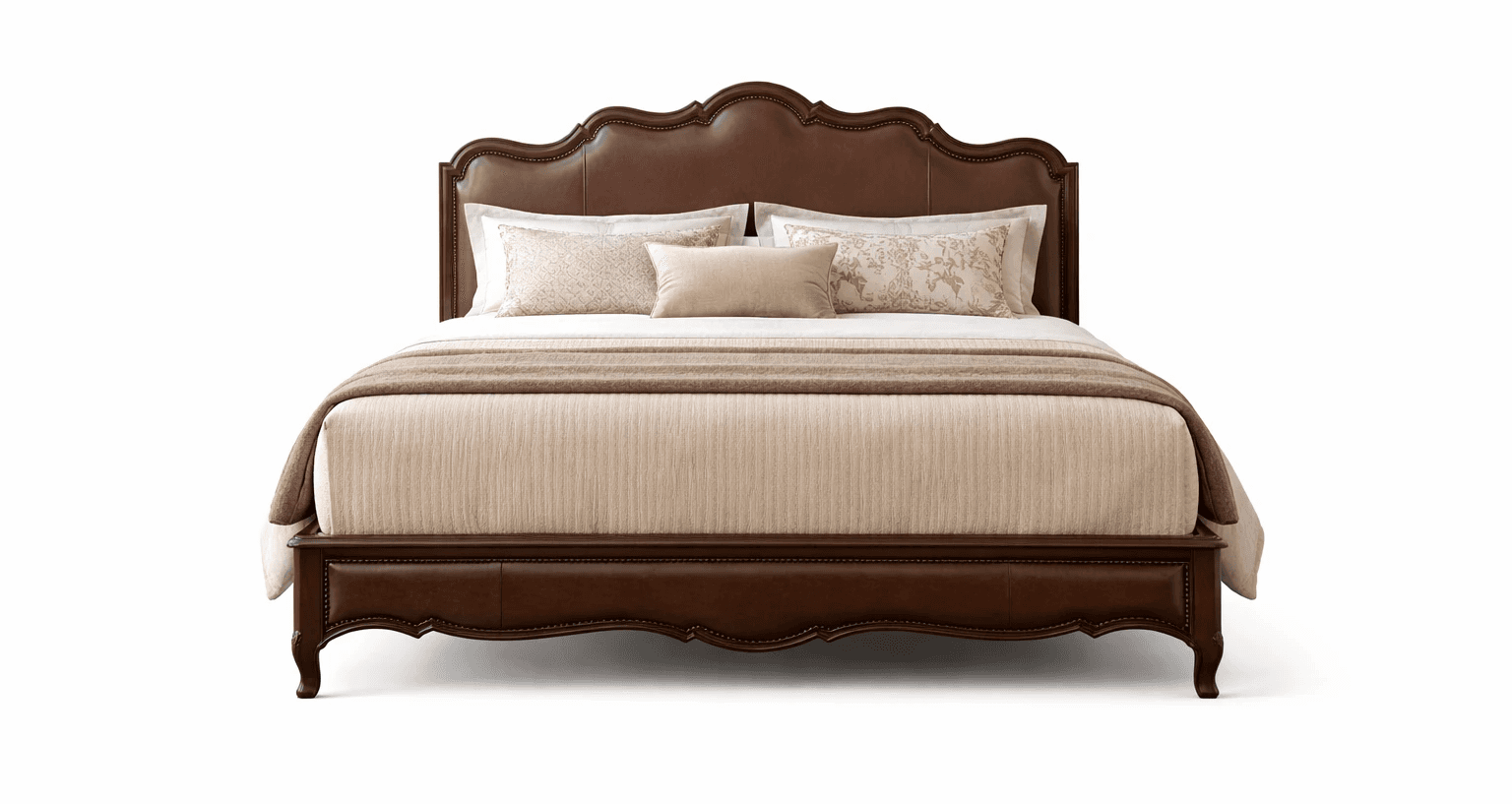 Classic wooden bed with curved headboard profile and carved frame detailing