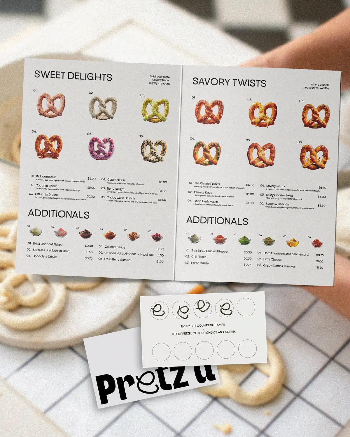 Menu ouvert Pretz'd posé sur un plan de travail fariné, présentant les gammes Sweet Delights et Savory Twists avec photos produits, tarifs et carte de fidélité au premier plan.