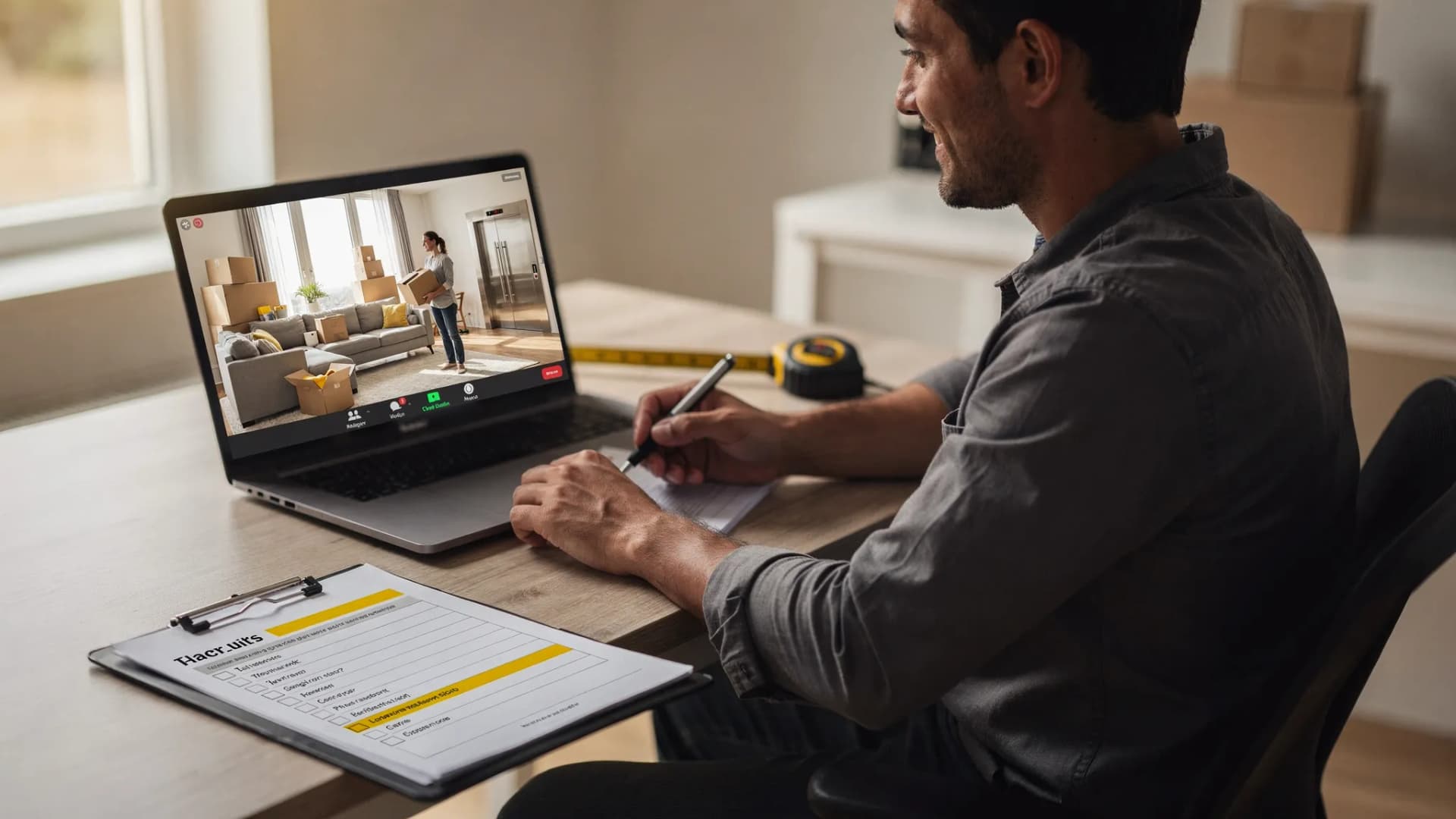 A mover conducts a virtual walkthrough with a customer, noting large furniture, boxed items, and access details like stairs and elevator distance, while a checklist and tape measure sit nearby to emphasize accurate estimating.