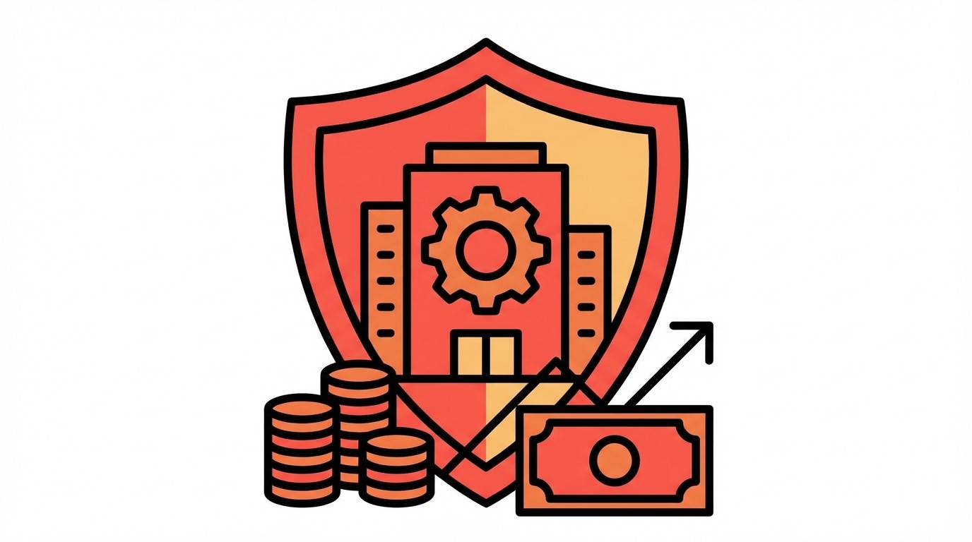 Schild mit Fabrikgebäude, davor Münzen, Geldschein und ein Pfeil nach oben. Symbol für Unternehmensschutz und finanzielles Wachstum.