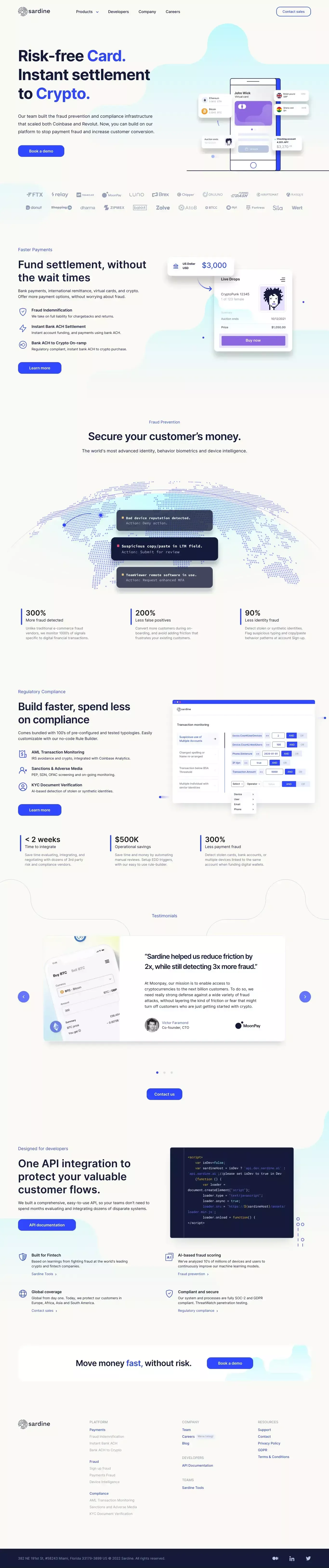 Sardine - Risk-free ACH. Instant settlem landing page screenshot showcasing Tech and Finance design