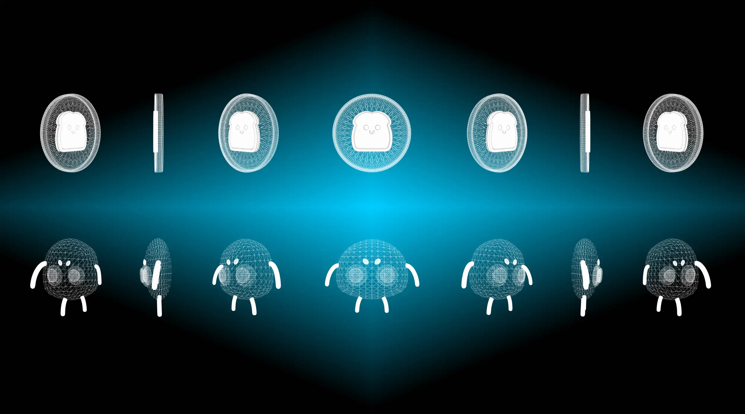 Multiple 3D toast coins illustrating brand assets used in the Toastcoin product UI.