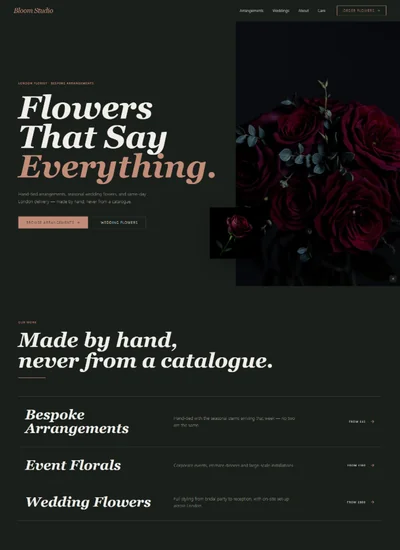 Florist website prompt — dark forest and dusty rose luxury flower studio editorial website design preview