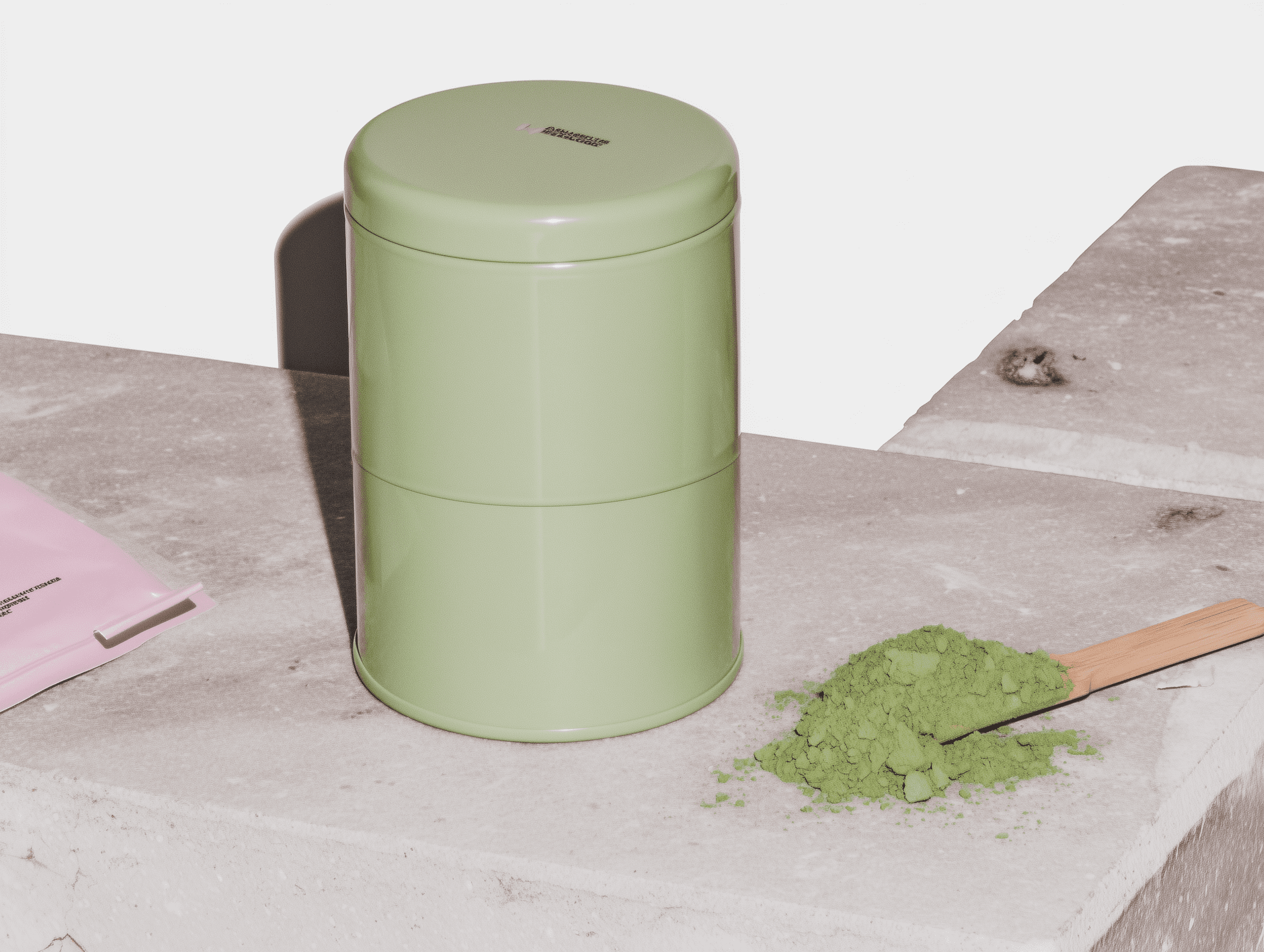 Green matcha tin with pink lid and wooden scoop with matcha powder on a stone surface
