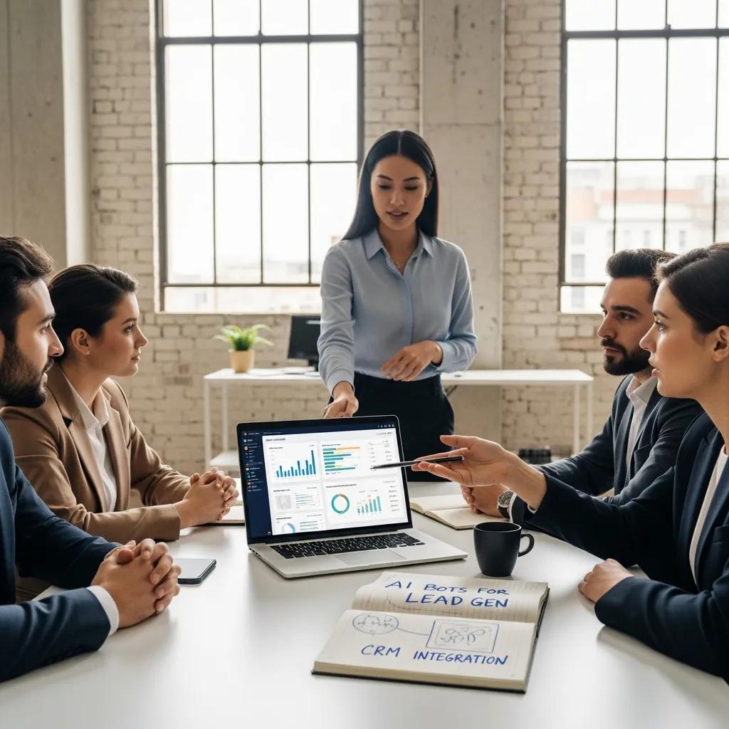 Sales team discussing AI calling bots in a modern office environment