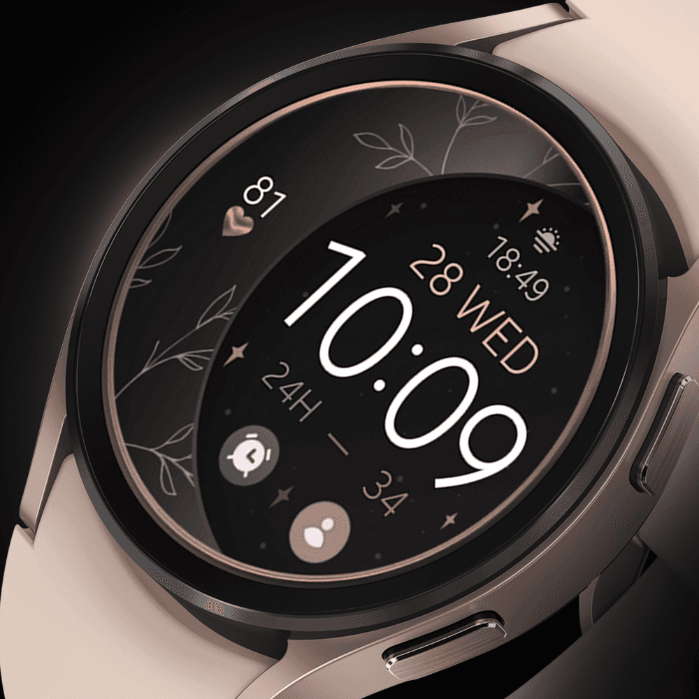 Galaxy watch displaying a digital rose gold watch face