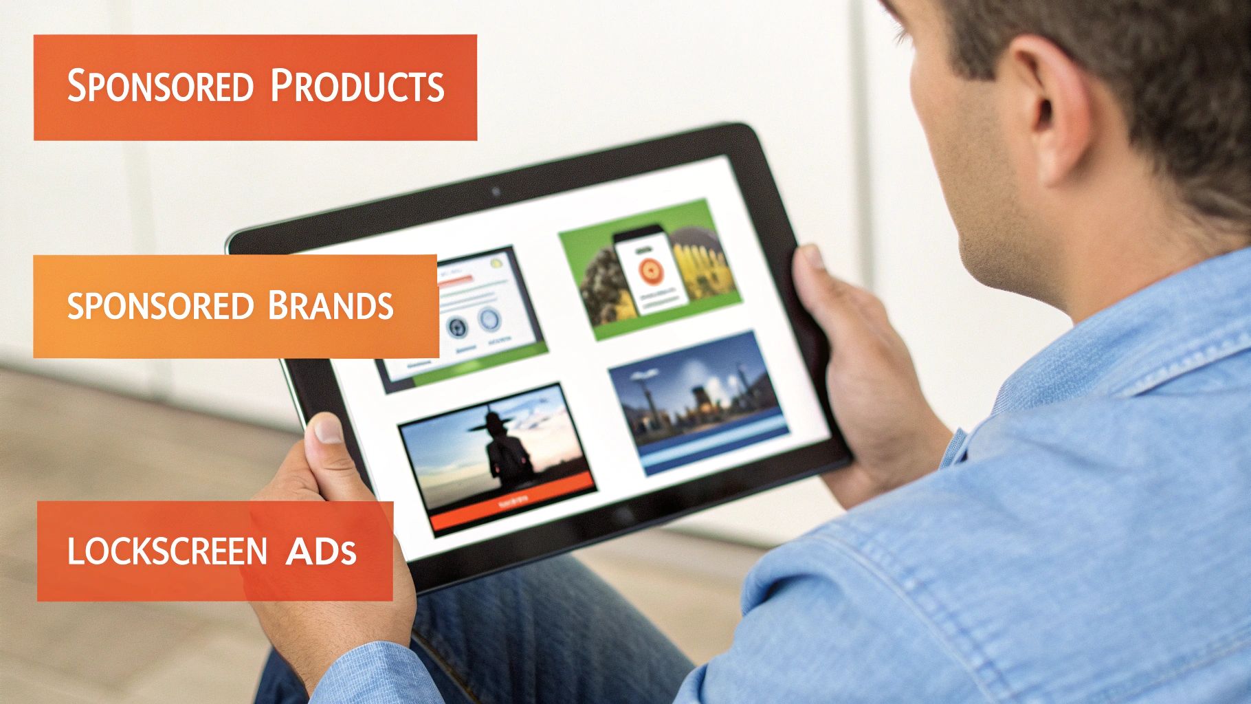 A man holding a tablet displaying various content, with overlaid text mentioning Sponsored Products, Sponsored Brands, and Lockscreen Ads.