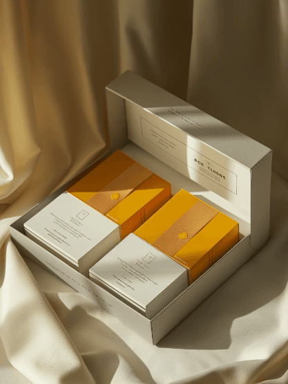 A standing white foil pouch next to a clear jar filled with brown powder, both on a gray background. The scene is minimalist and product-focused.