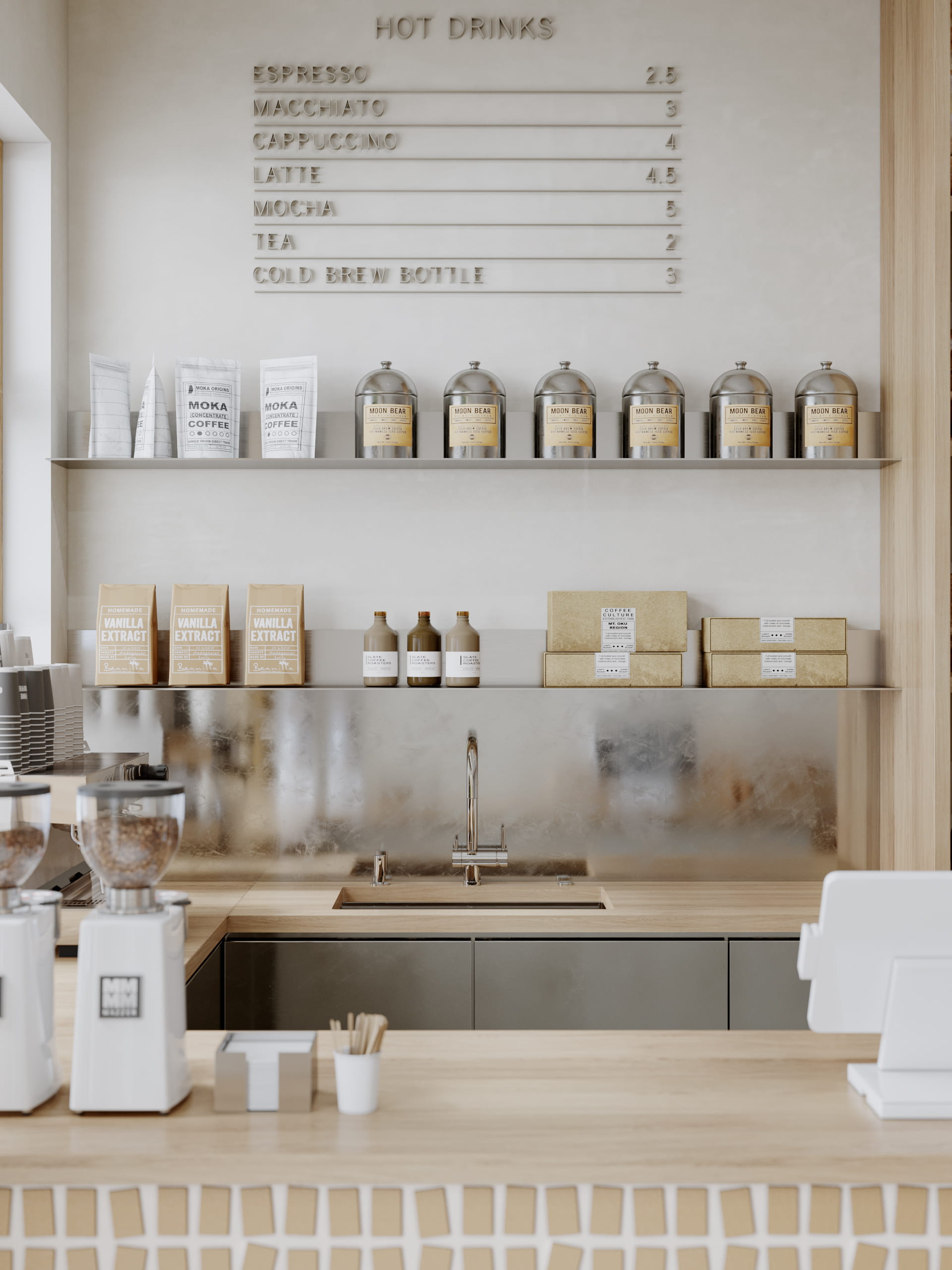 Aztecs Coffee & Bakery – café counter detail with custom shelving and minimalist material composition