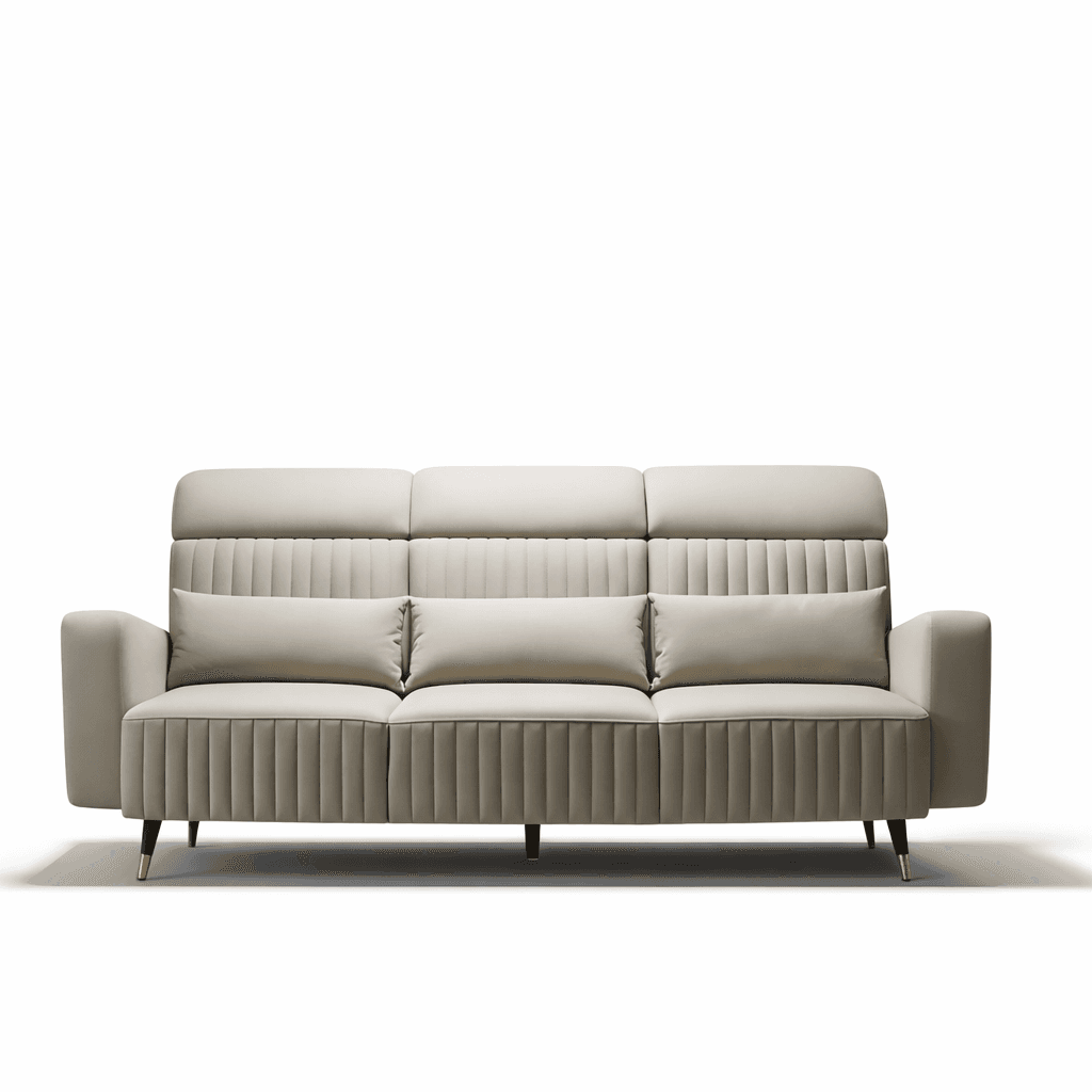 Three-seater fabric seating with vertical channel detailing and brass-tipped wooden legs