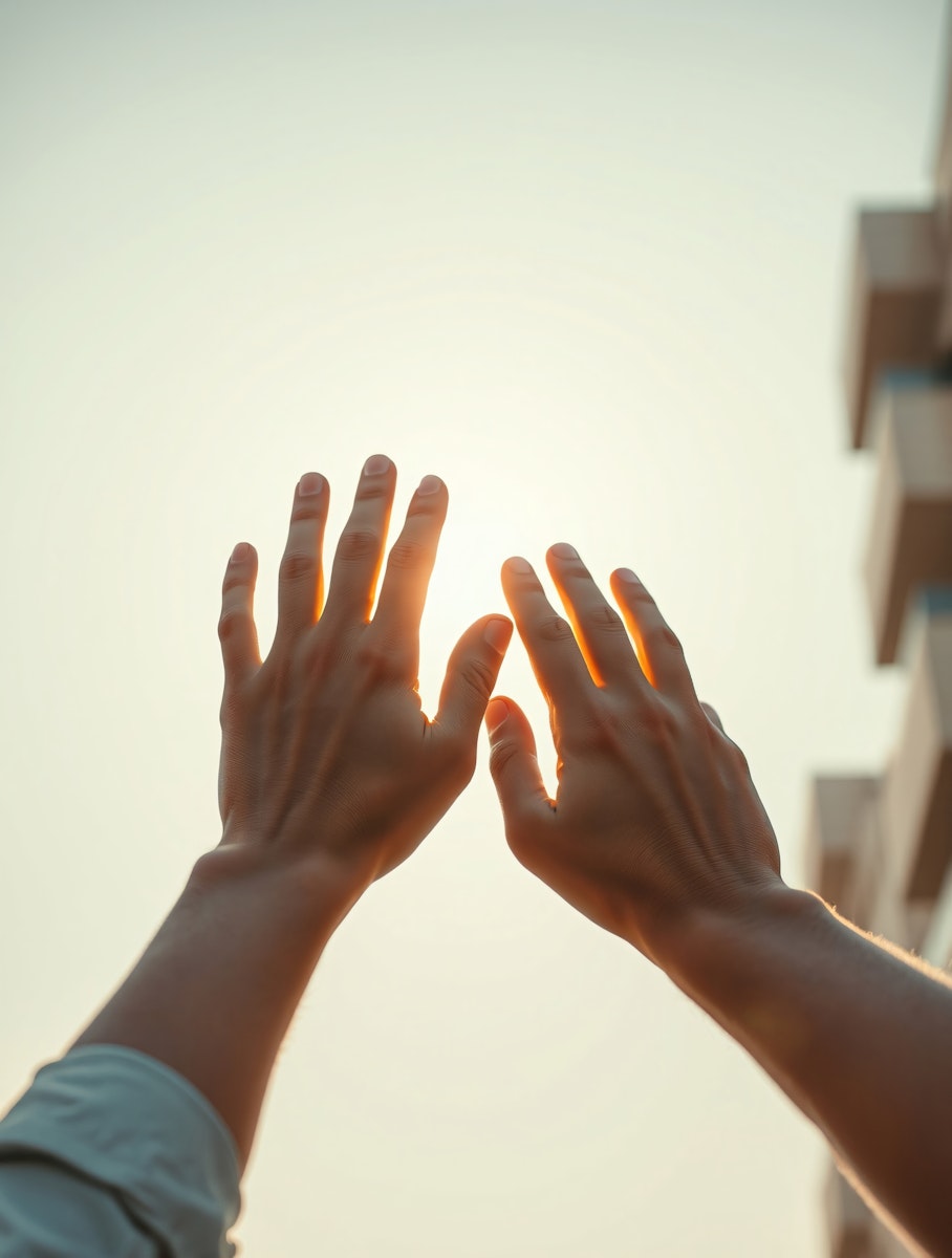 Hands reaching into sunlight, symbolizing connection, hope, and accessibility of mental health support services.