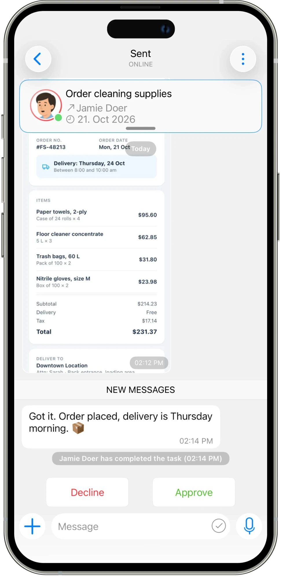 Task chat with the order confirmation and Approve button