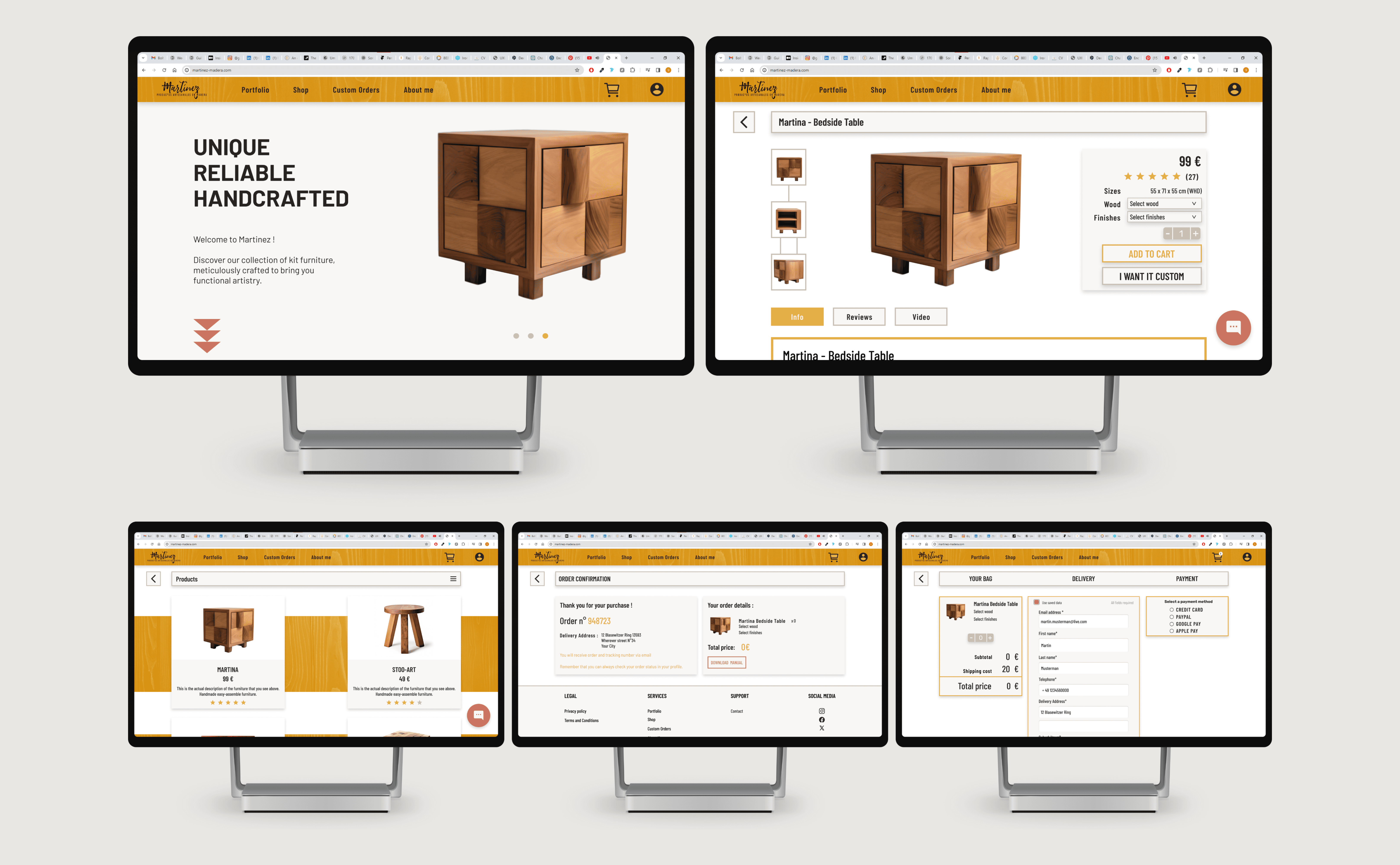 Maquette représentant cinq écrans d'ordinateur affichant chacun une page du flux utilisateur, depuis la page d'accueil à la page de confirmation d'achat.