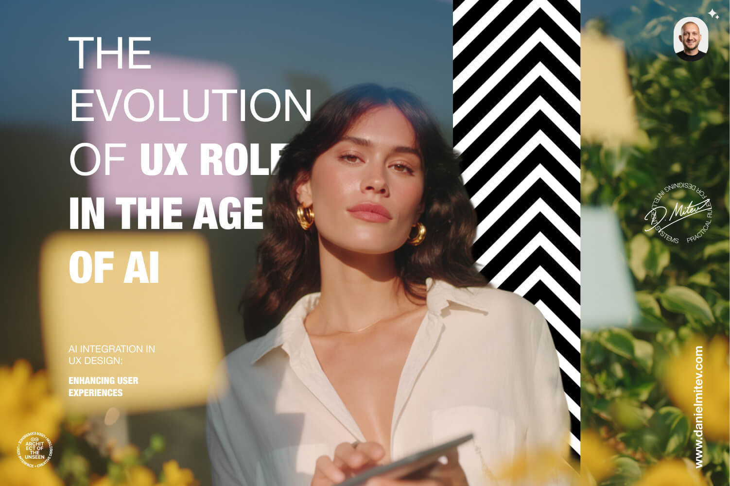 Portrait of woman using smartphone with headline about evolution of UX roles in the age of AI, representing modern UX design and human-centered AI systems