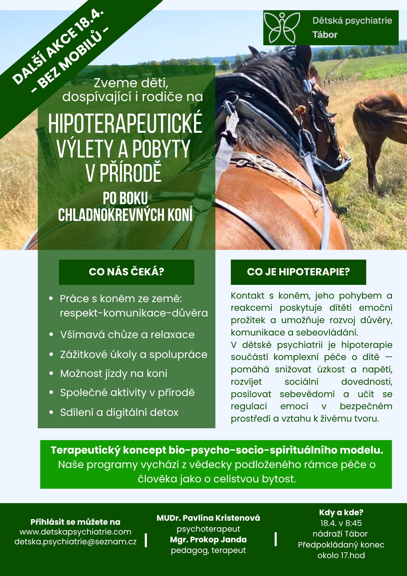 Hipoterapeutické výlety a pobyty v přírodě pořádané Dětskou psychiatrií Tábor – děti, dospívající i dospělí při práci s chladnokrevnými koňmi v krajině. Program zahrnuje hipoterapii, práci s koněm ze země, relaxaci, zážitkové aktivity a rozvoj důvěry, komunikace a seberegulace v rámci bio-psycho-socio-spirituálního terapeutického přístupu.