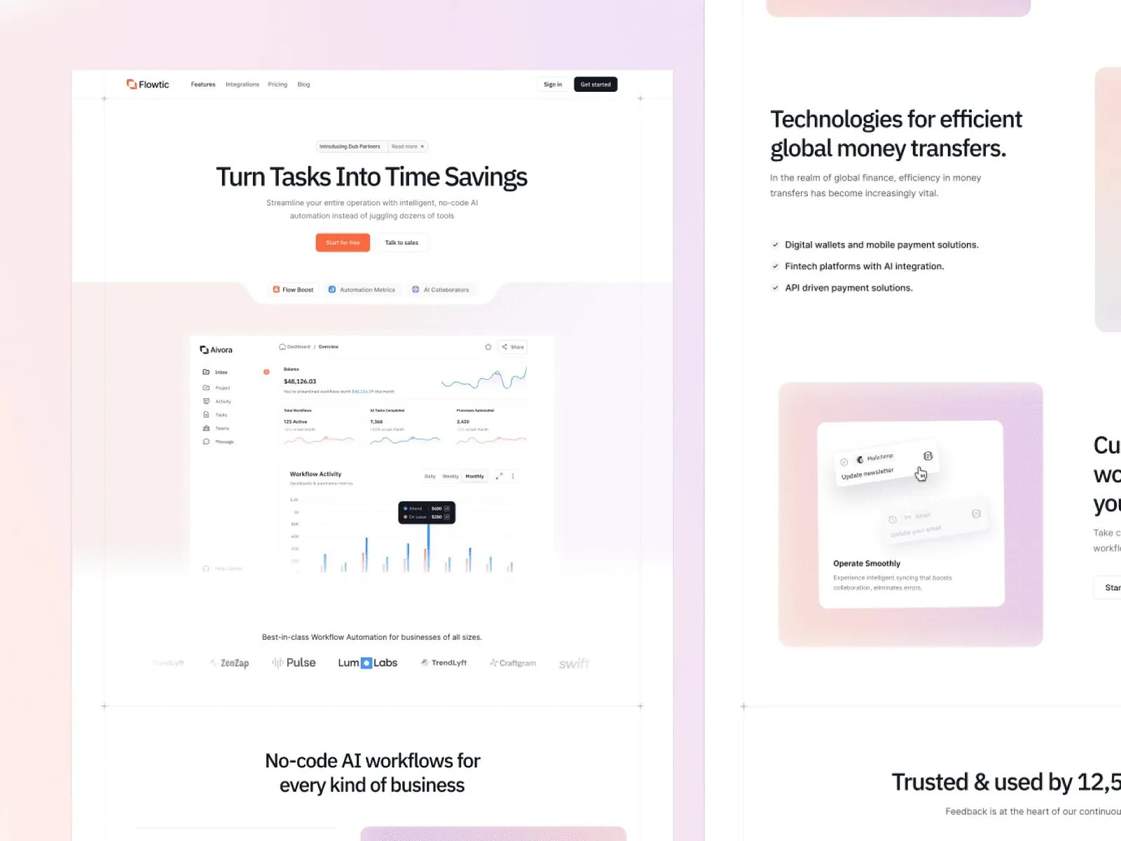 AI platform website offering workflow automation and money transfer solutions.