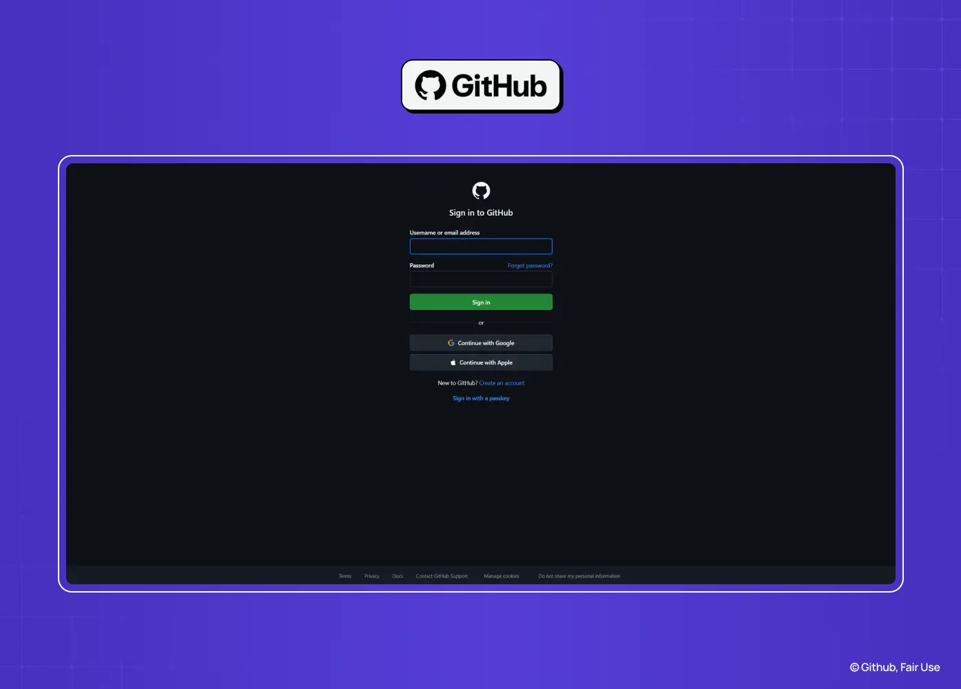 GitHub sign-in page with email, password, and social authentication options presented in the platform's signature dark theme.