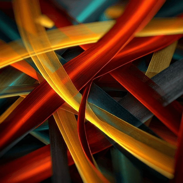 A vibrant abstract image featuring intertwined ribbons of orange, yellow, and teal. The dynamic composition conveys energy and movement.